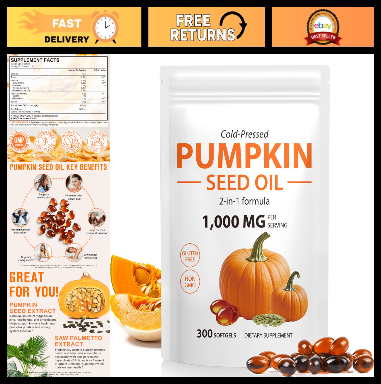 Pumpkin Seed Oil Capsules with Saw Palmetto – Cold Pressed, Prostate & Hair Supp