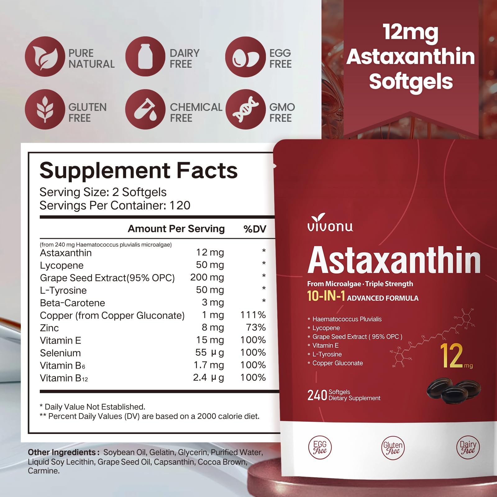 10 in 1 Astaxanthin 12mg Supplements Softgels, 4 Month Supply, 1 Bag