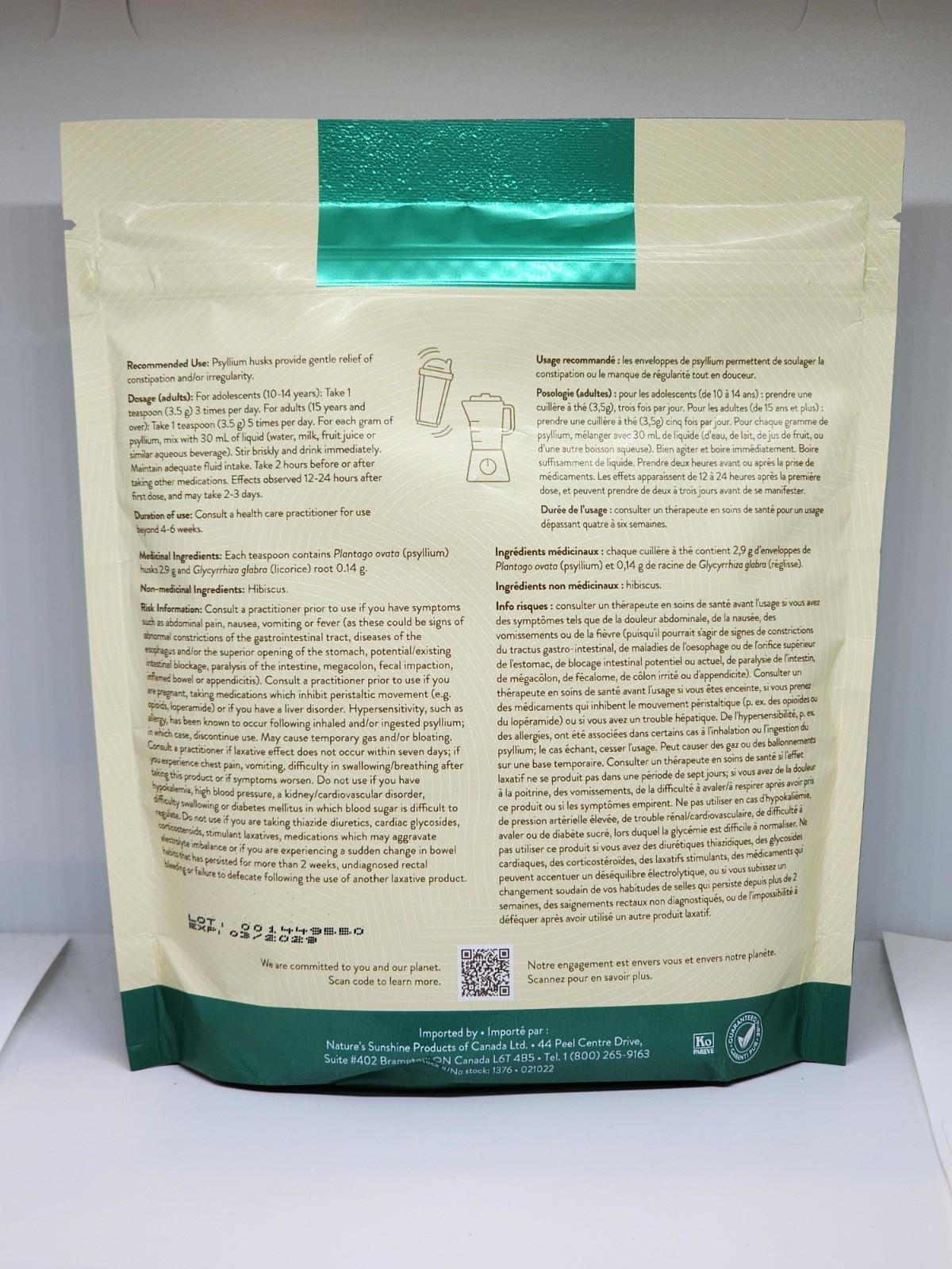 Natures Sunshine Psyllium Hulls Combo Intestinal Support 320 G Bag Exp 03/2029