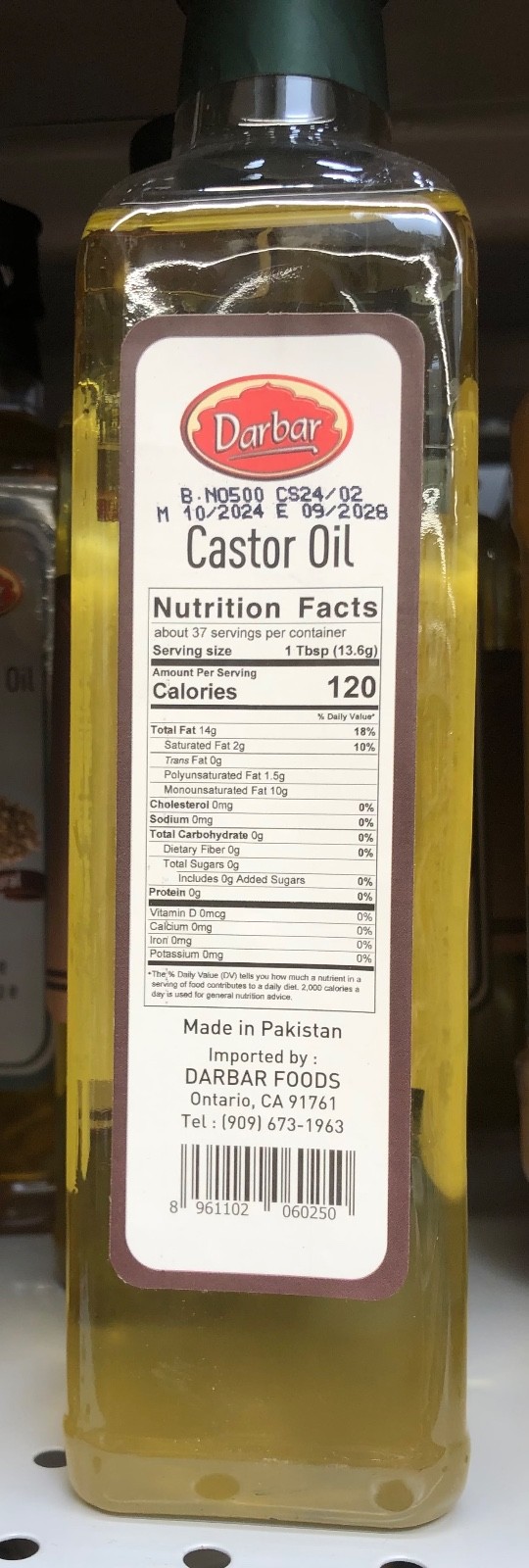 Darbar Castor Oil 16 oz Glass Bottle 蓖麻子油