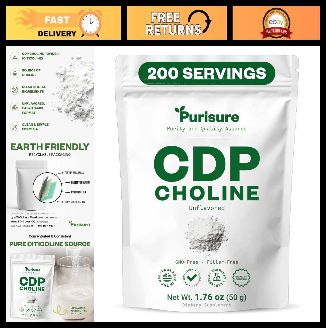 CDP Choline Powder 50g – Citicoline Supplement for Focus, Energy & Cognitive Boo