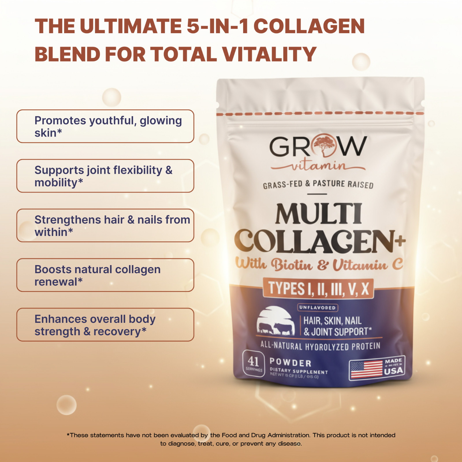 Multi Collagen Peptides Type I II III V X, Vitamin C & Biotin – Made in USA, NEW