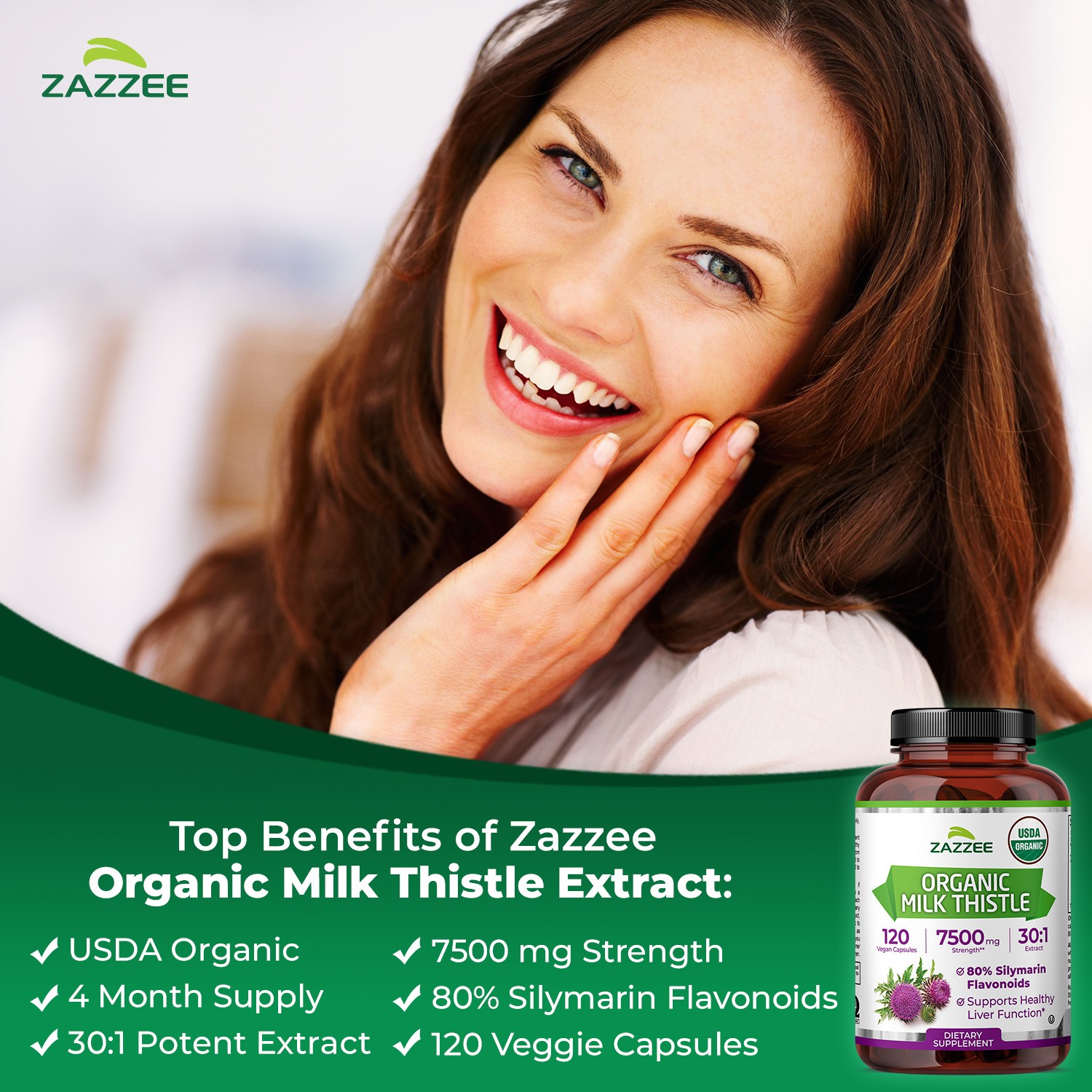 USDA Organic Milk Thistle 7500 mg Strength 120 Veggie Caps 80% Silymarin 30:1