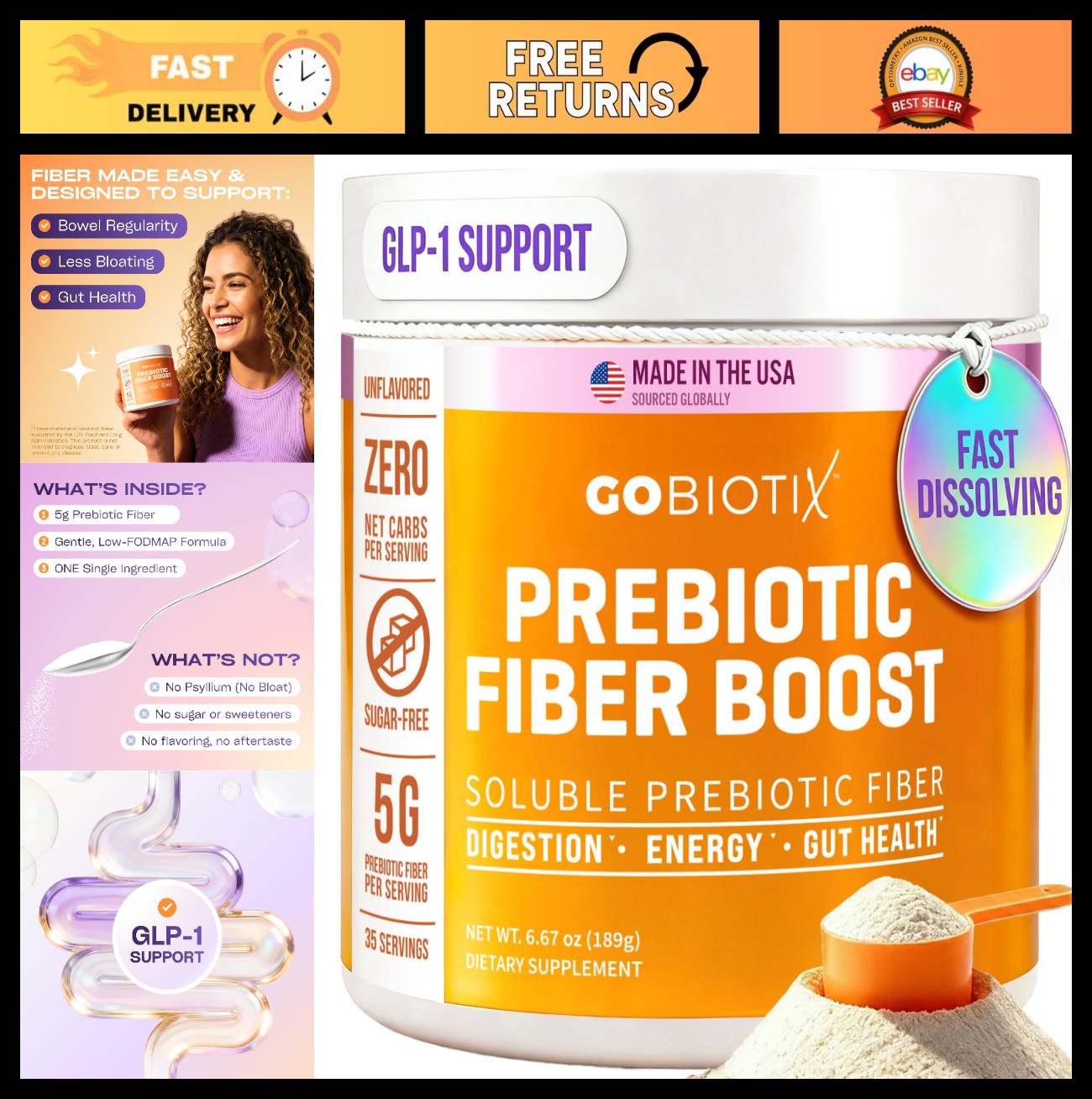 Fiber Supplement Powder with Prebiotics for Digestive Health & Gut Support, Keto