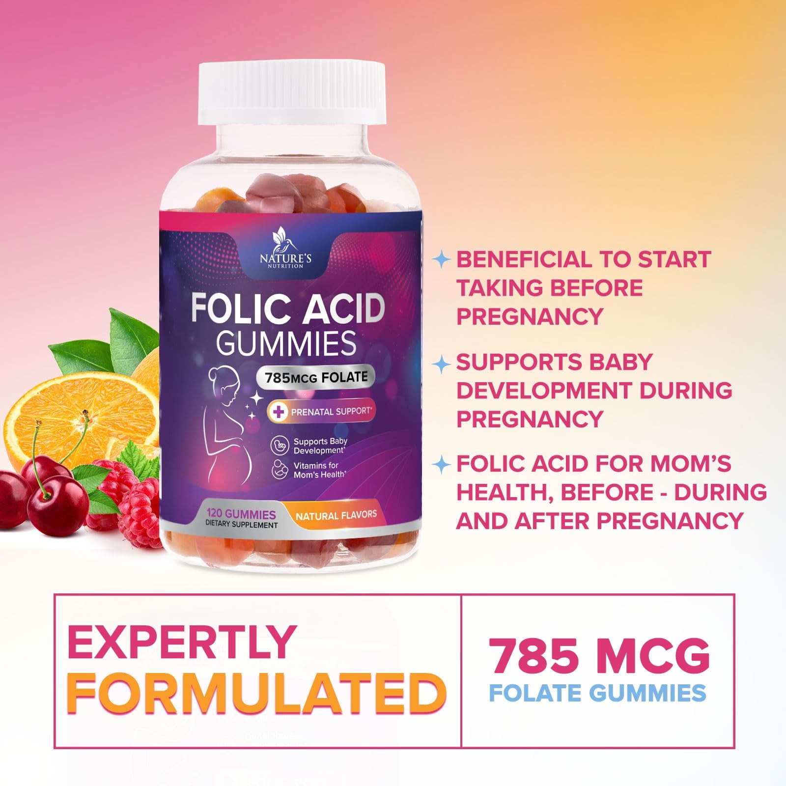 Folic Acid Gummies for Women – Folate 785 mcg Per Gummy 120 Count (Pack of 1)