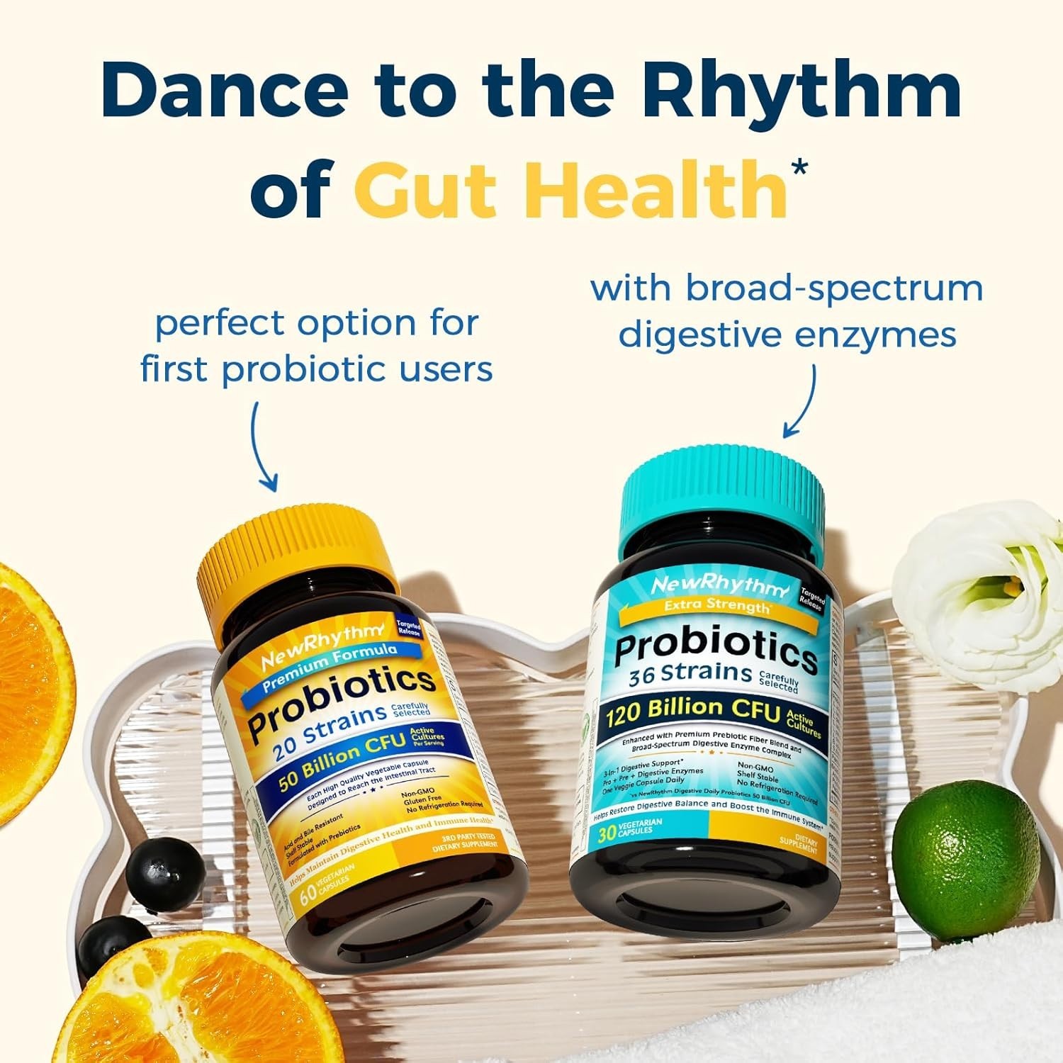 NewRhythm Probiotics 50 Billion CFU 20 Strains, 60 Veggie Capsules, Targeted