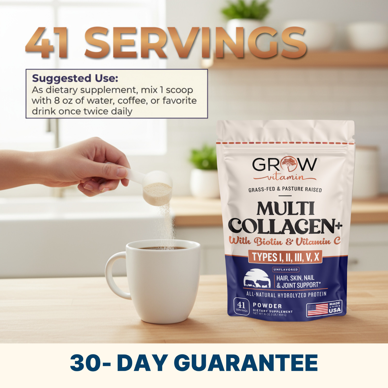 Multi Collagen Peptides Type I II III V X, Vitamin C & Biotin – Made in USA, NEW