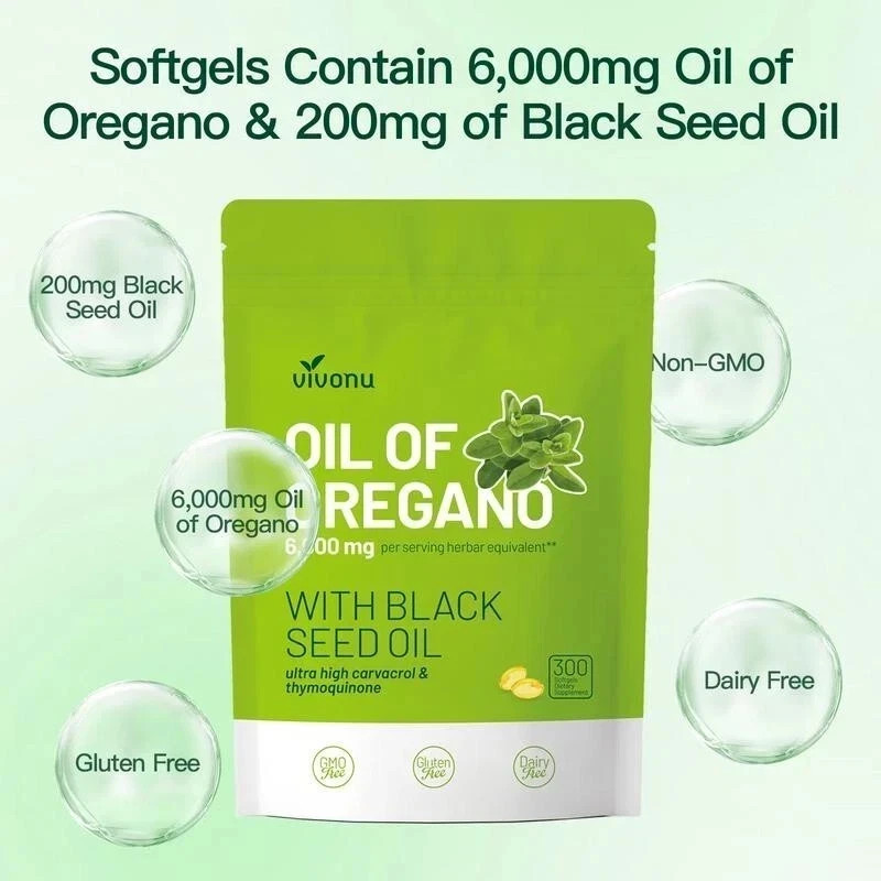 300Ct Oregano Oil 6000mg Black Seed Oil Softgels, Herbal Whole Body Wellness