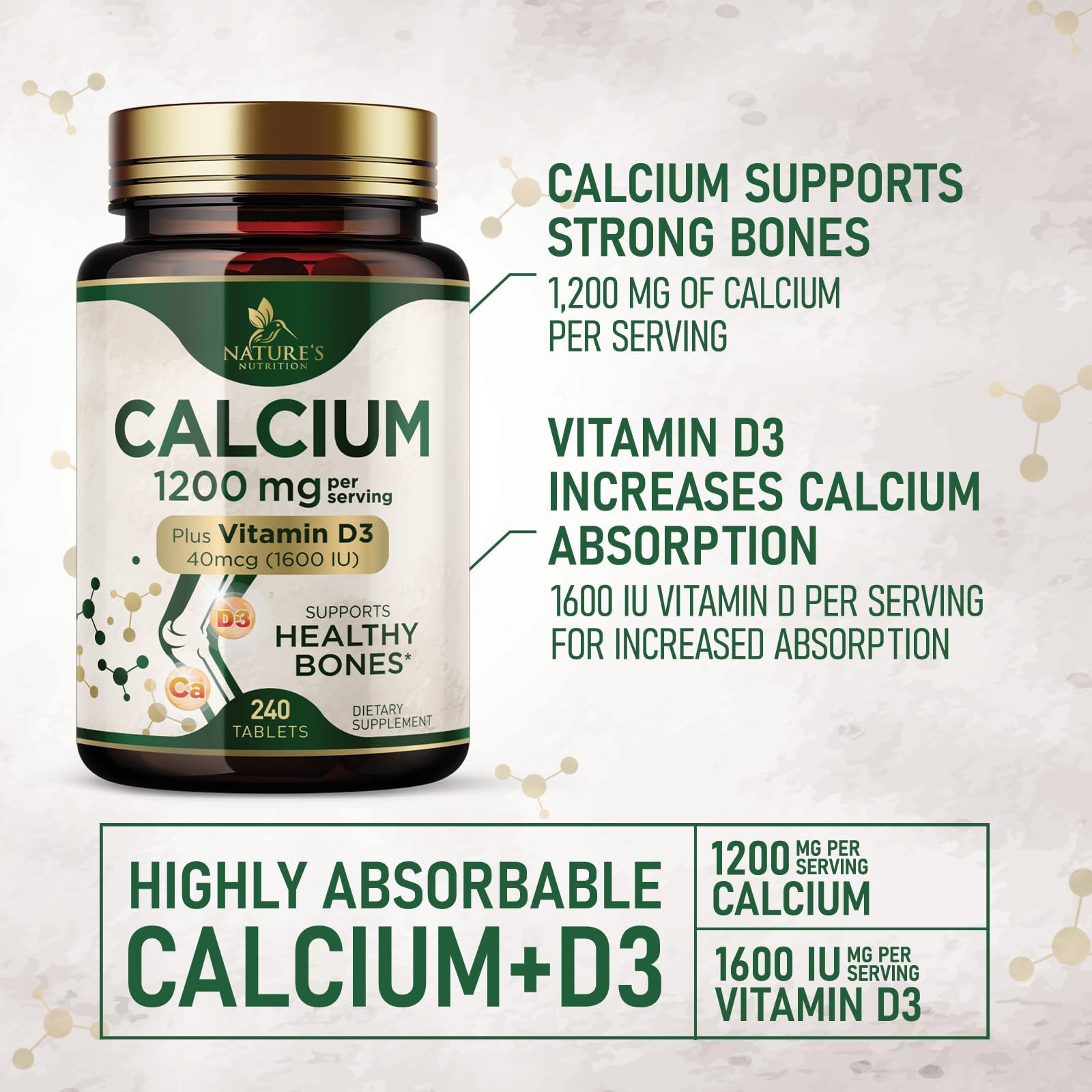 Calcium 1200 mg with Vitamin D3 – Per Serving – Bone 240 Count (Pack of 1)
