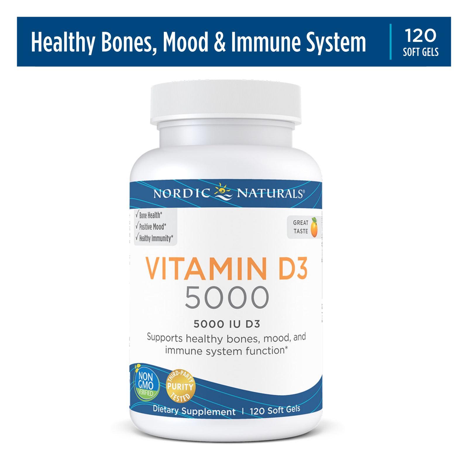 Nordic Naturals Vitamin D3 5000 – Potent Vitamin D3, Bone Health, Orange 120 Ct