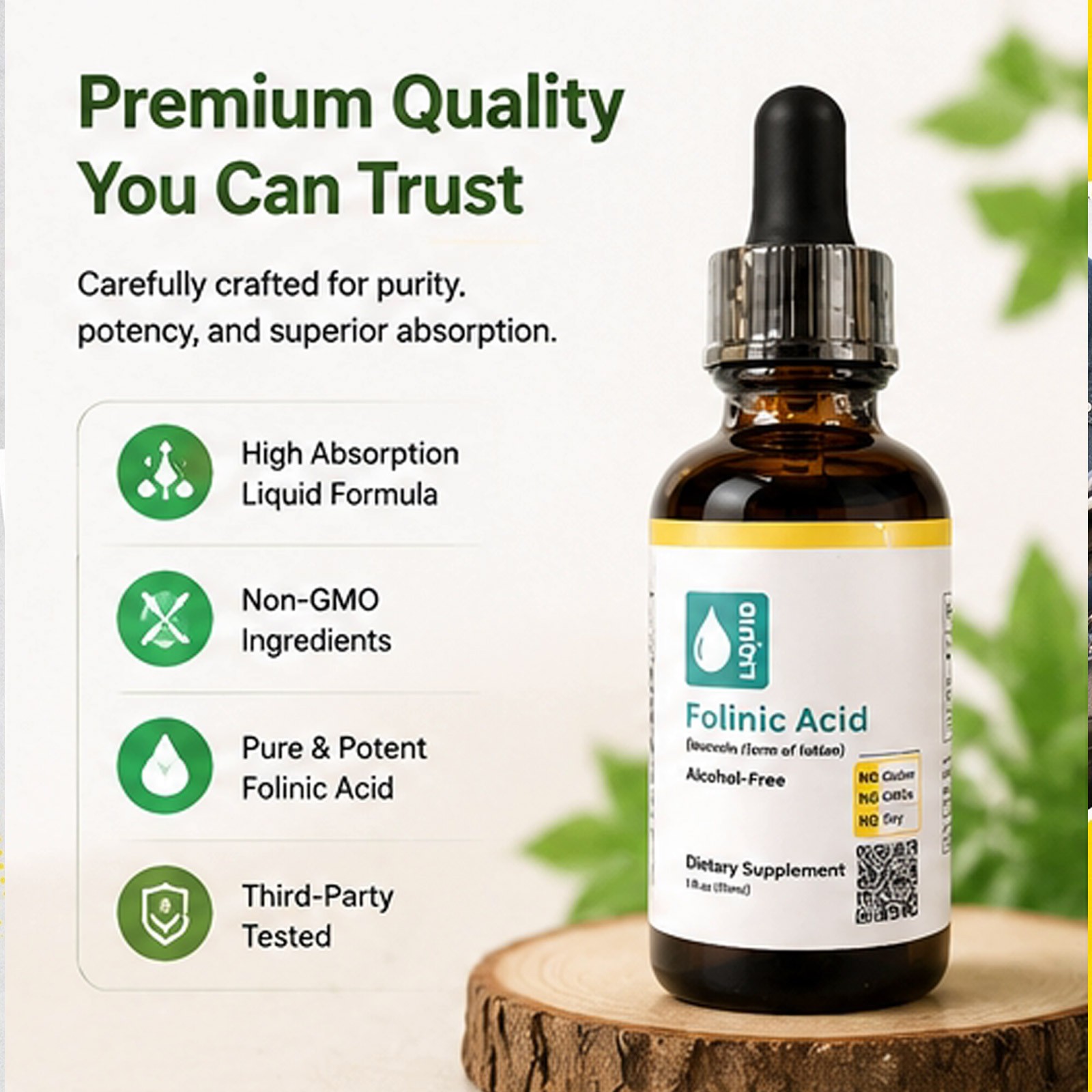 BUY 2 GET 1 FREE California Gold Nutrition Folinic Acid Alcohol 1oz/30ml- 3 Pack