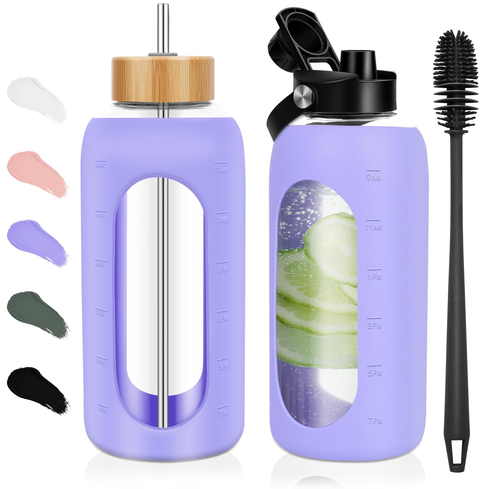 FULBEVY Glass Water Bottles 64 oz – Half Gallon Large 64 Ounces, Purple