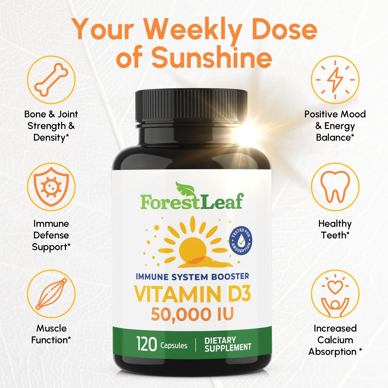 ForestLeaf Vitamin D3 50,000 IU | VIT D – Kosher 120 Count (Pack of 1)