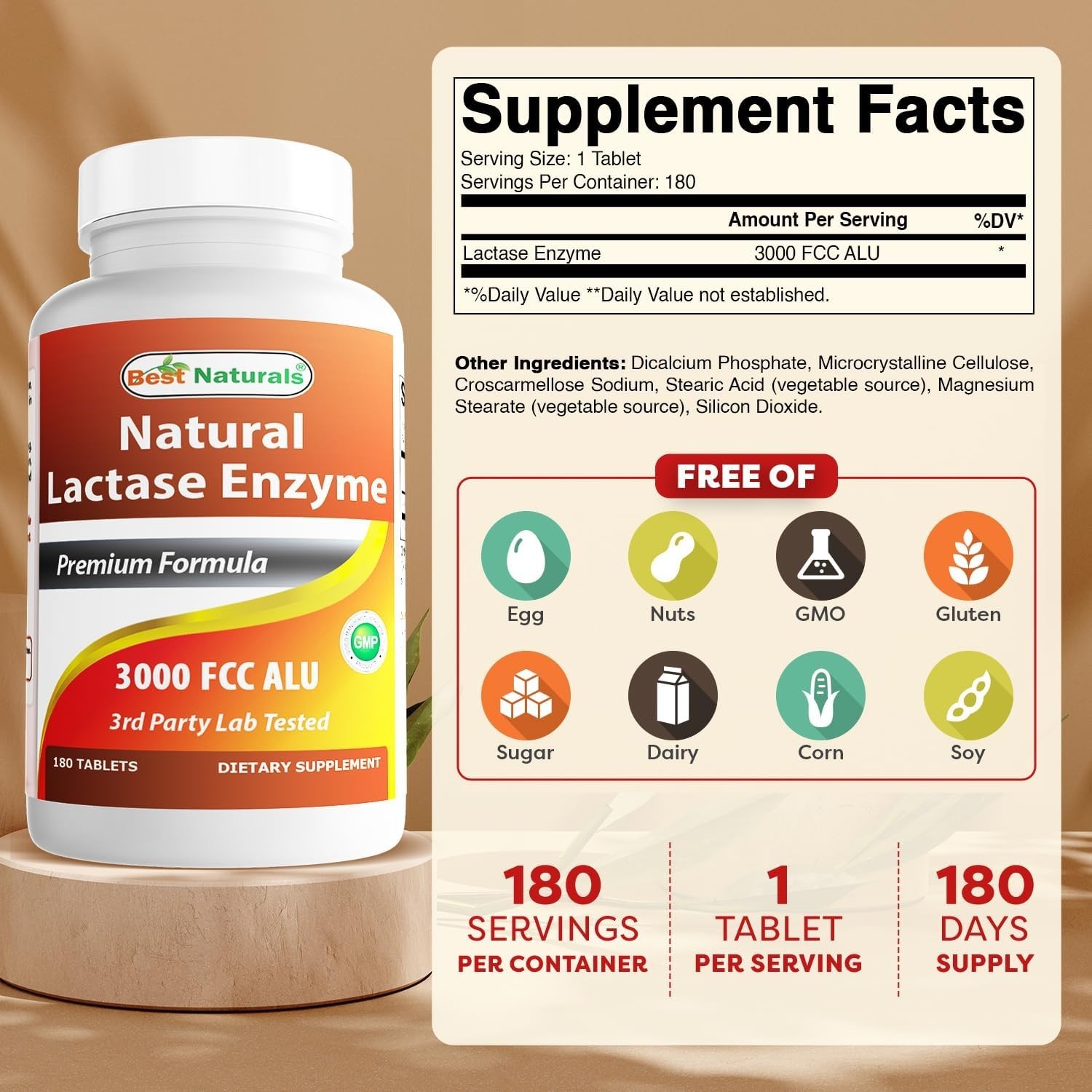 Fast Acting Lactase Enzyme Tablets, 3000 Alu – 180 Count for Lactose Relief