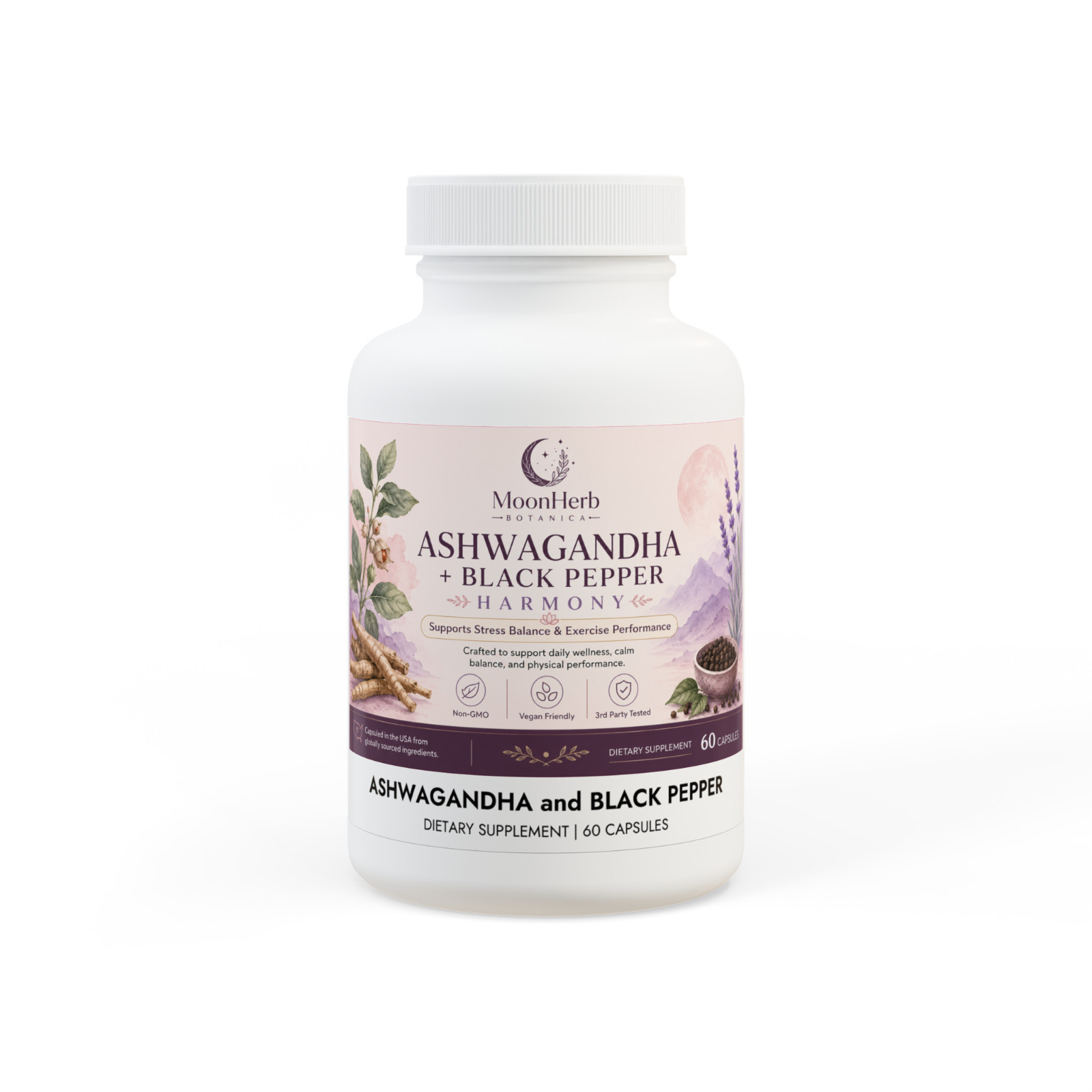 Ashwagandha Black Pepper Harmony 60 Capsules Stress Balance Vegan Non-GMO