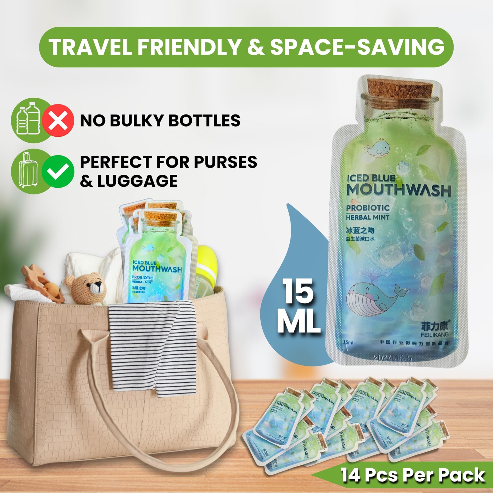 Skywin Travel Size Mouthwash – Mini Mint 0.04 Fl Oz (Pack of 14), Green