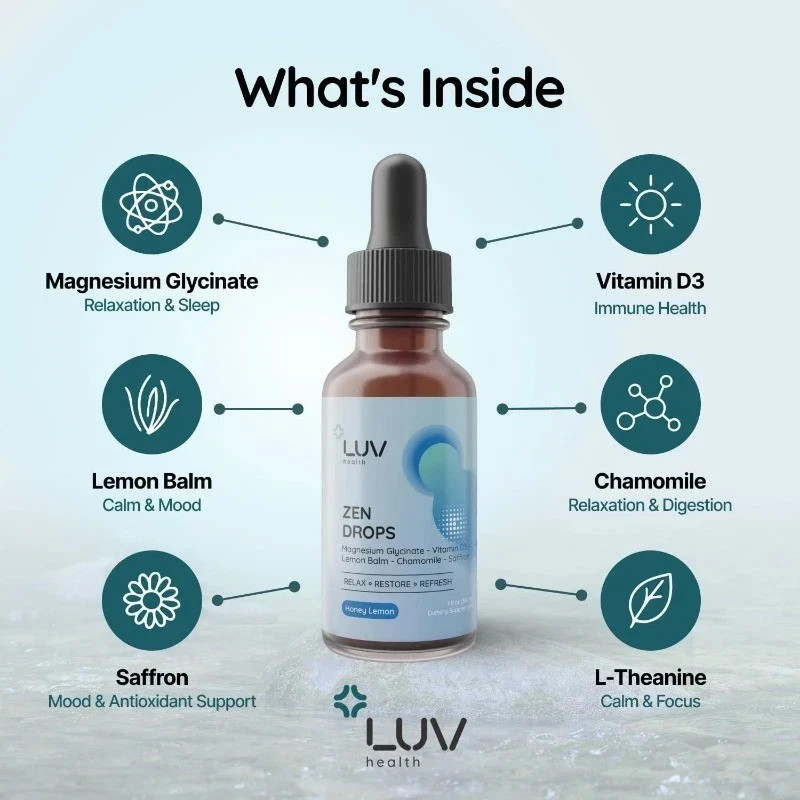 LUV Zen Drops Stress Support with Magnesium Glycinate and Lemon BalM 5 PACK.
