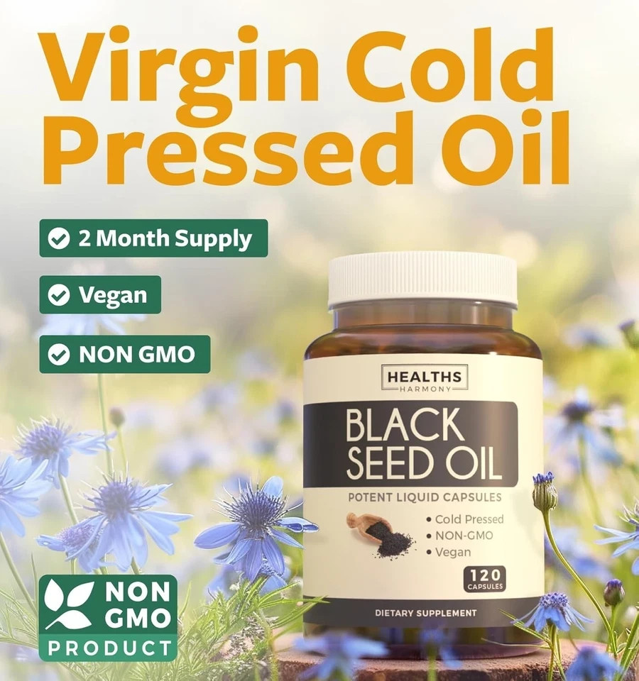 Black Seed Oil 500mg Softgel Capsules Cold Pressed Nigella Sativa 120 Count