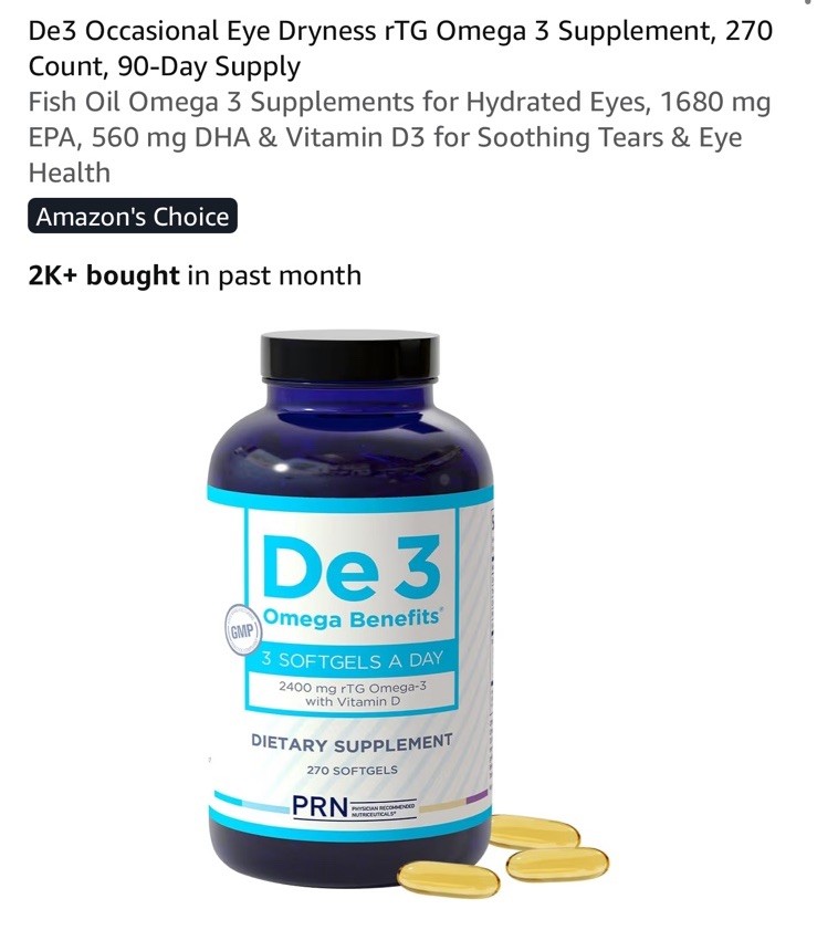270 Softg PRN De3 Dry Eye Omega 3 Fish Oil &Support for Eye Dryness 2240mg EPA&D