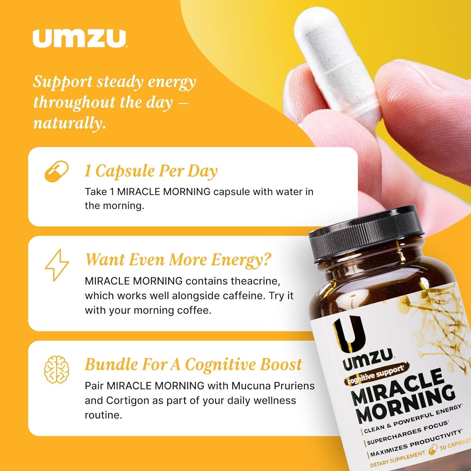 Miracle Morning Natural Energy Focus & Mood Boost | 150mg Caffeine 30 Caps