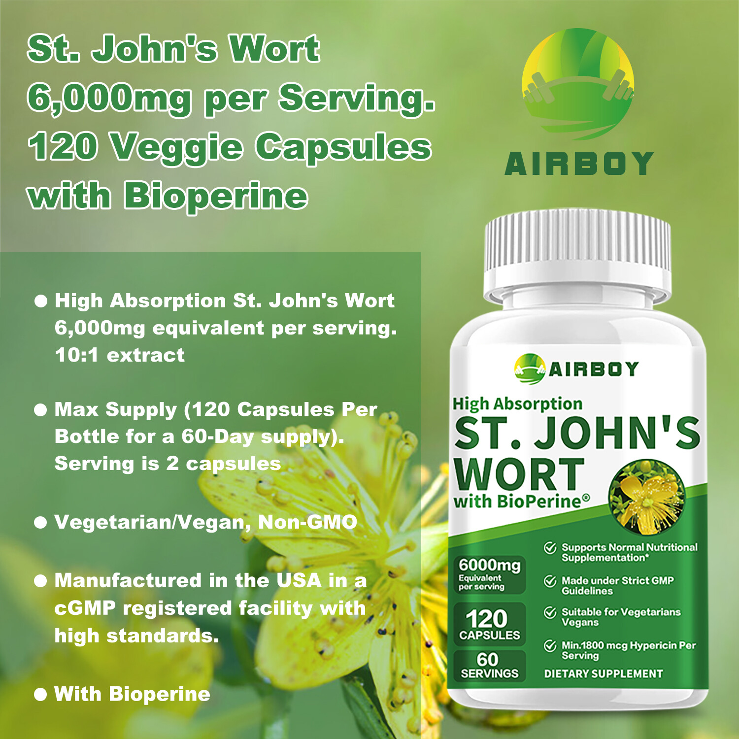 120pcs St. John’s Wort 6000mg – 0.3% Hypericin-Stress Anxiety Depression Relief