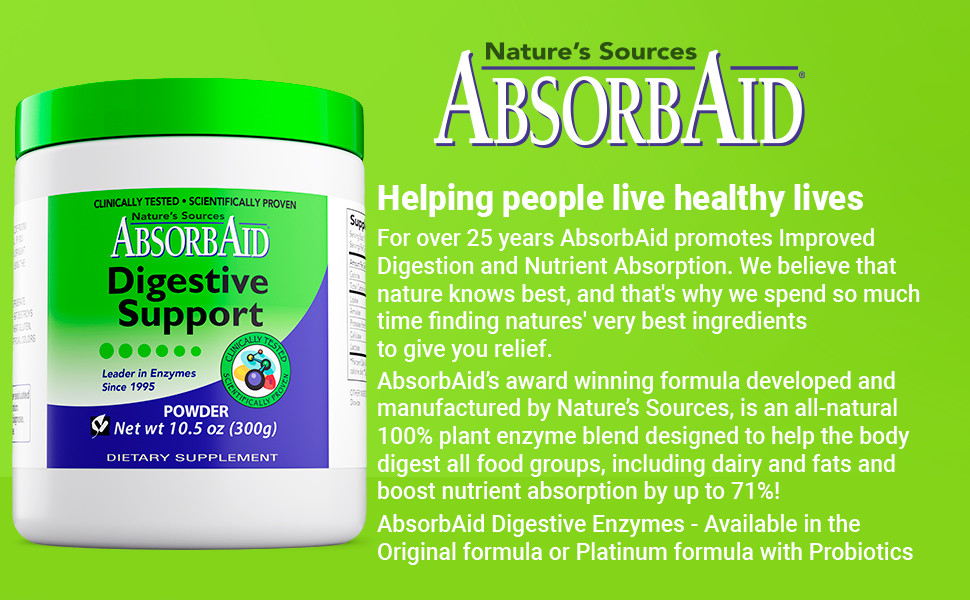 AbsorbAid 300g Powder -Natural Digestive Enzymes for gas, bloating & acid reflux