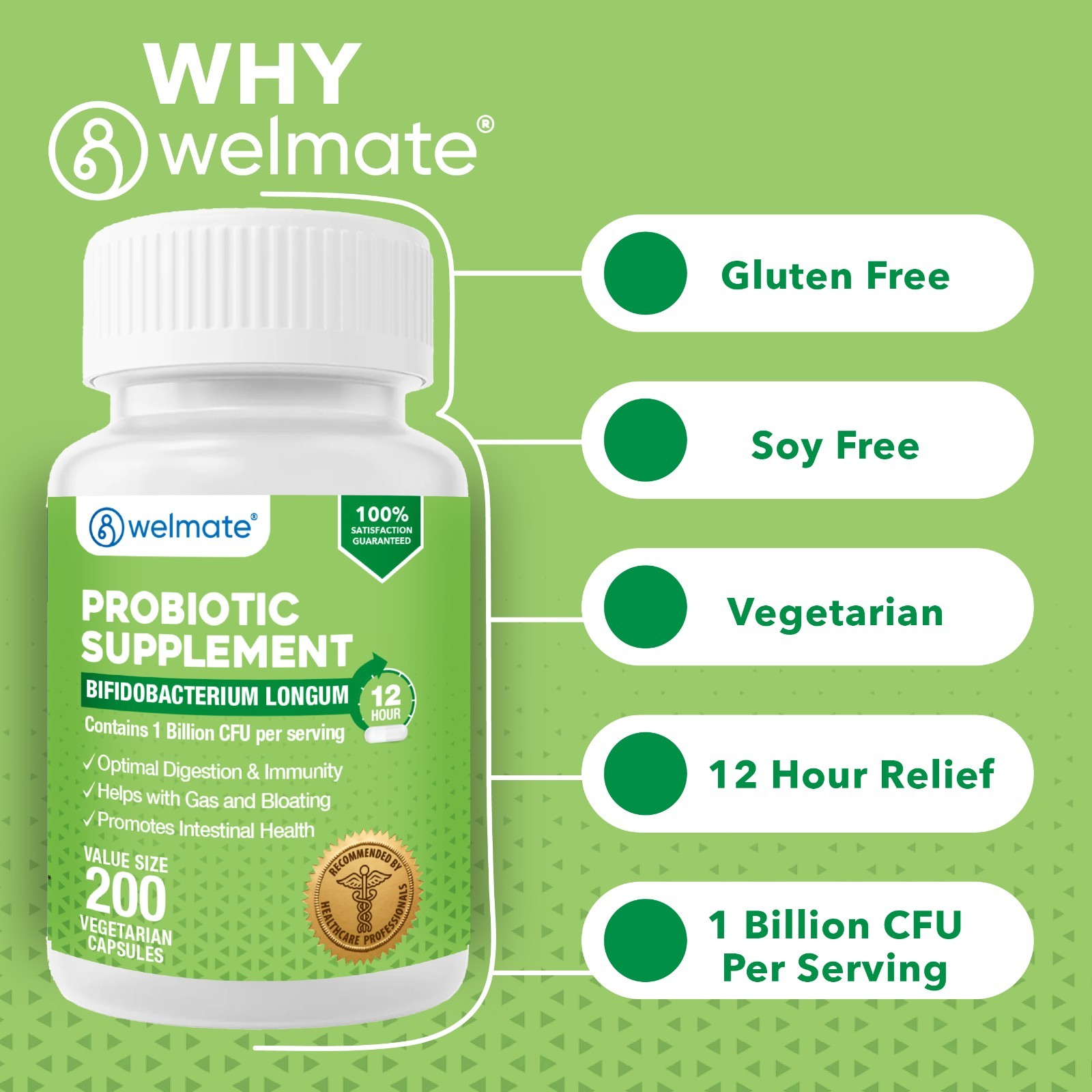 Bifidobacterium Probiotic Supplement 200 Count Capsule | 24/7 Digestive Support