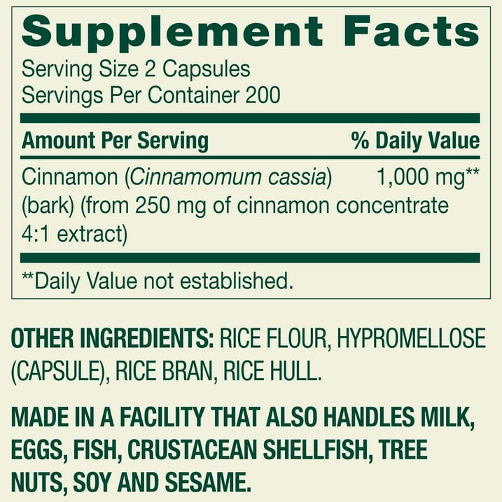 2 Pack Spring Valley Cinnamon Capsules 1000 mg Metabolism Support 400 Count