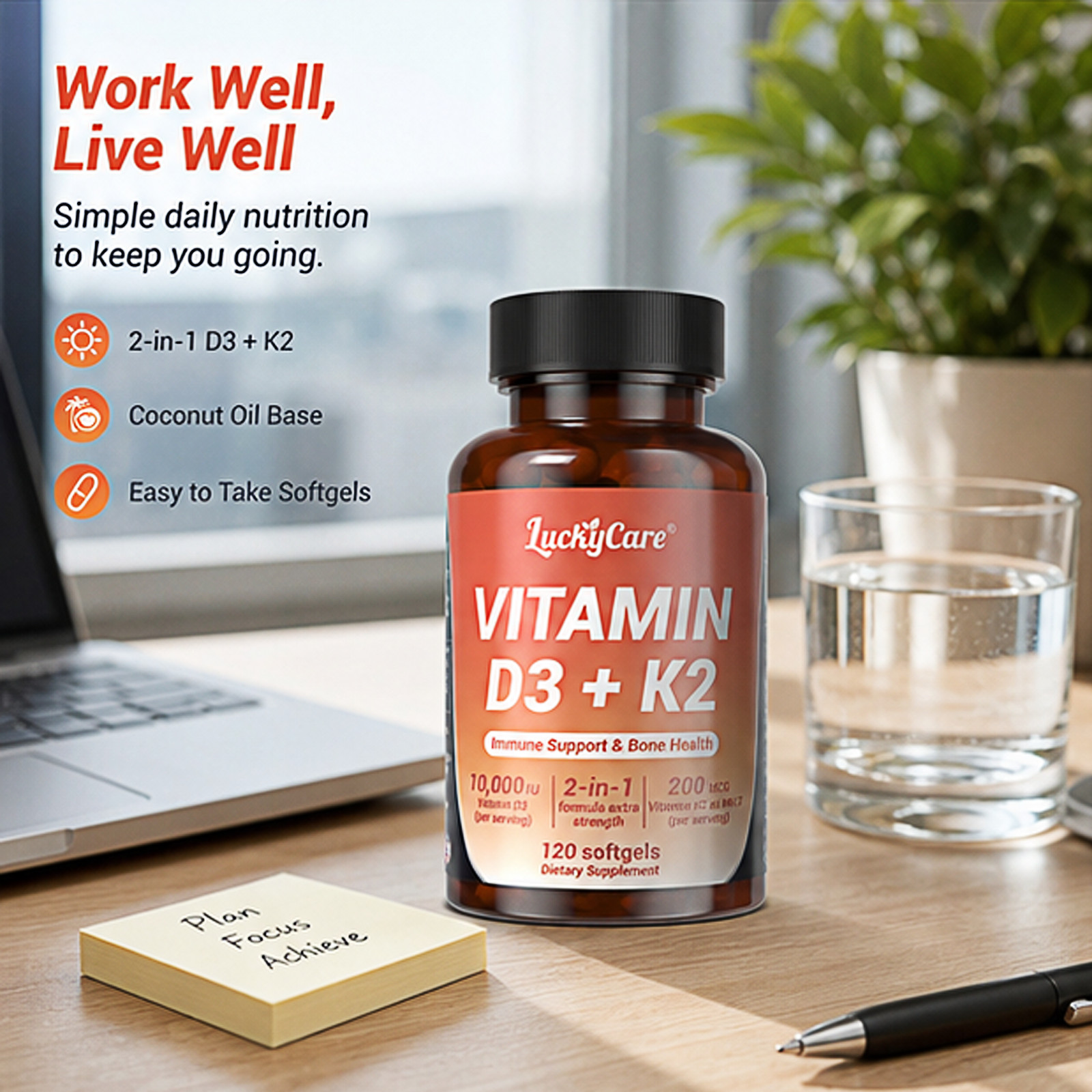 Vitamin D3 K2 10000 iu with Coconut Oil, VIT d3 and k2 Supplements, 120 Gel Caps