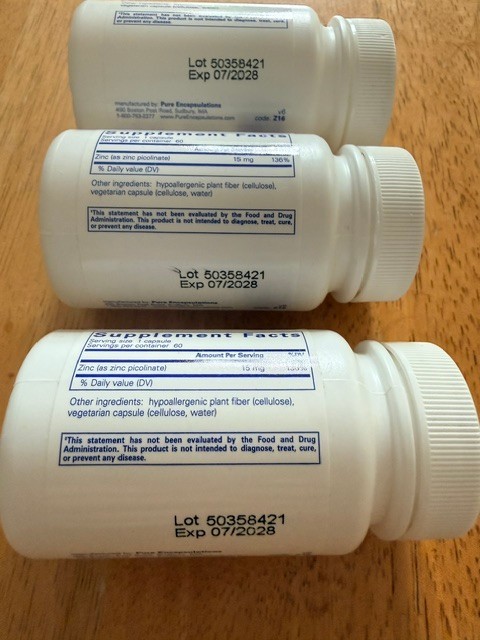 ZINC 15mg 180=3×60 caps Pure Encapsulation Exp 7/28 (NEW)