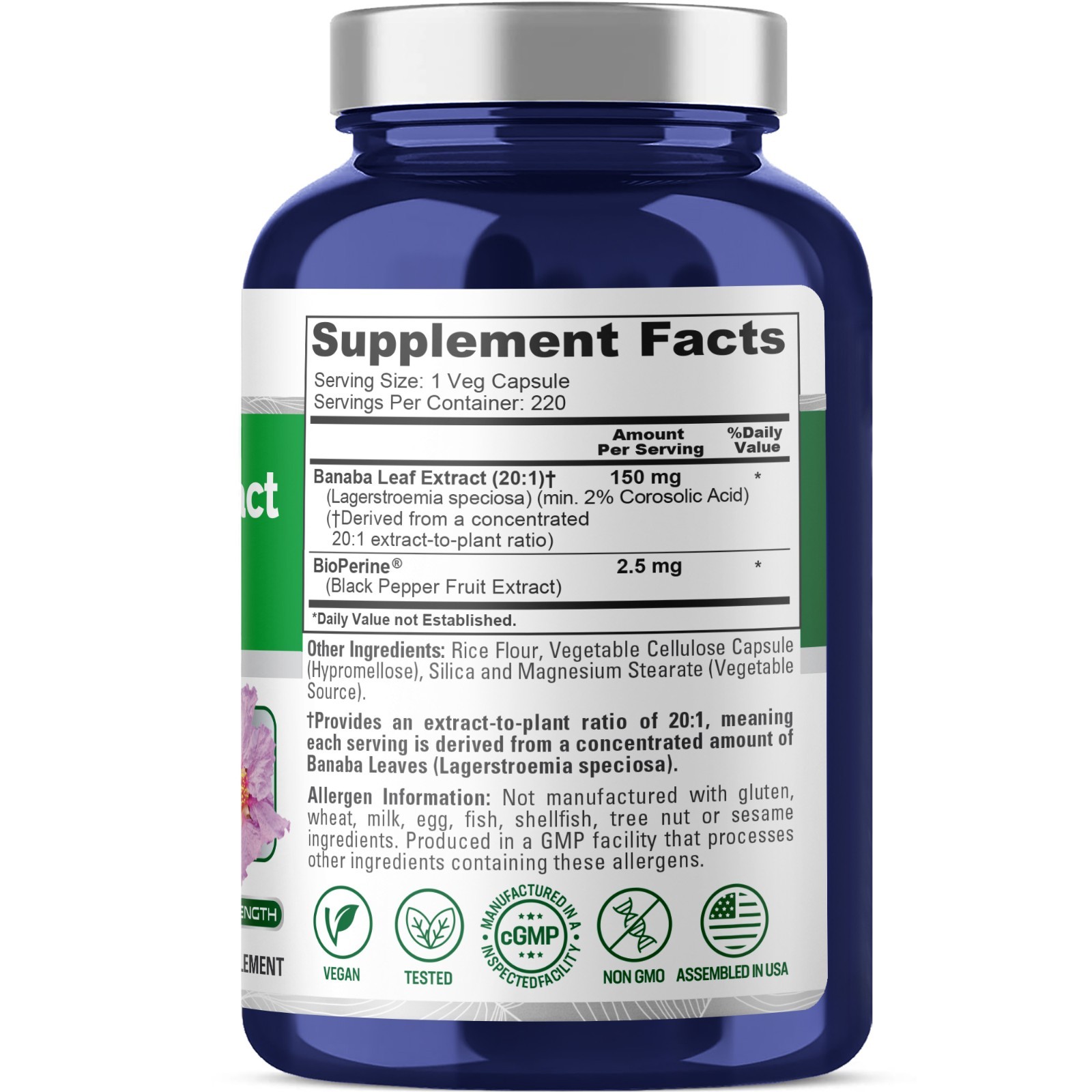 NusaPure Banaba Leaf Extract 3000 mg, 220 Veg Caps, 220 Days Supply, Non-GMO