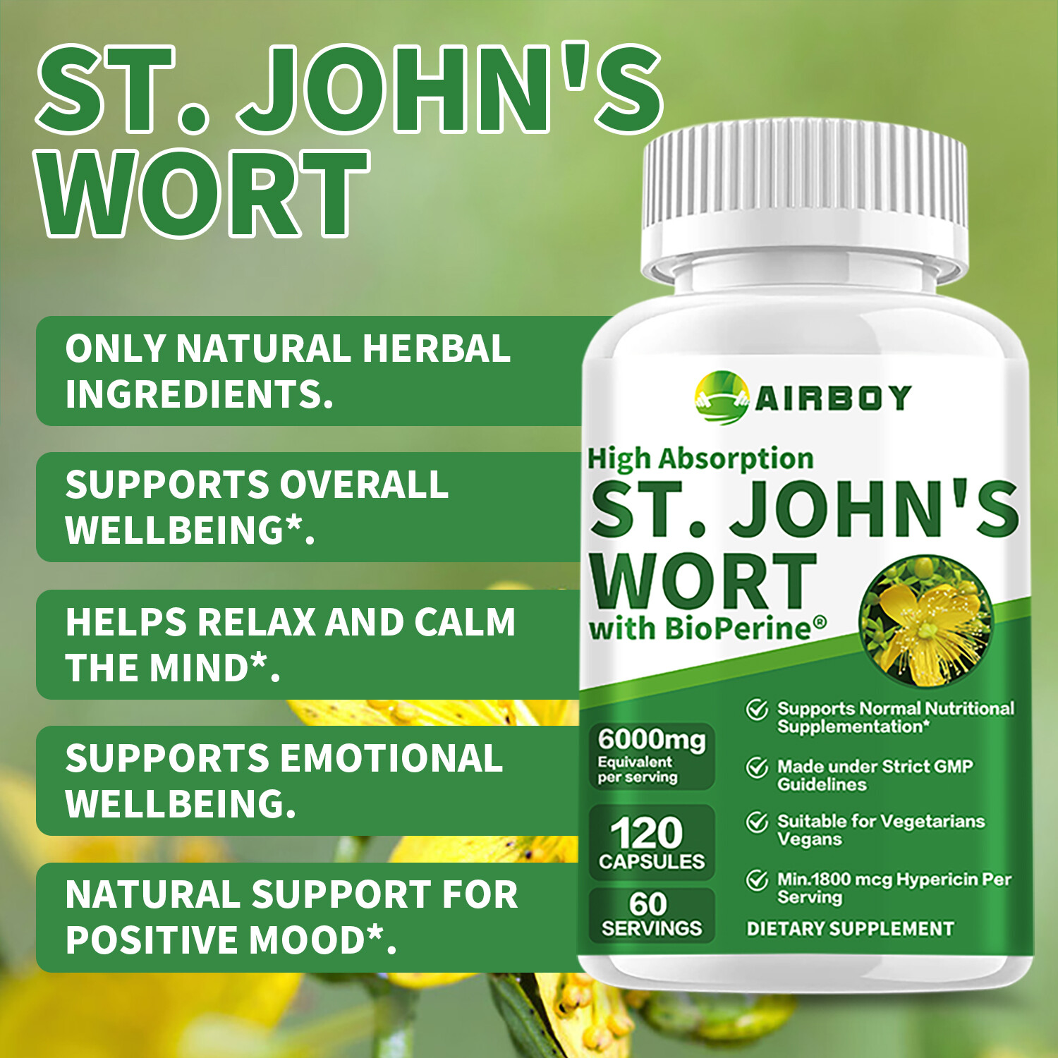 120pcs St. John’s Wort 6000mg – 0.3% Hypericin-Stress Anxiety Depression Relief