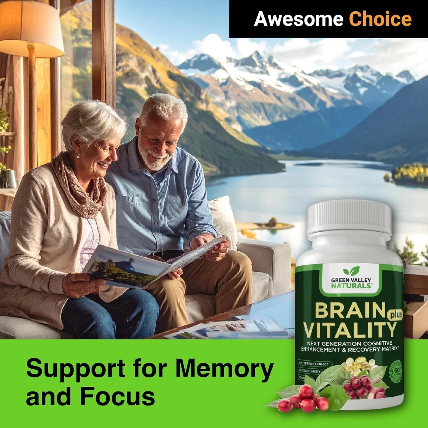 GREEN VALLEY NATURALS Brain Vitality Plus Nootropic for Memory Focus 60ct Ex6/26