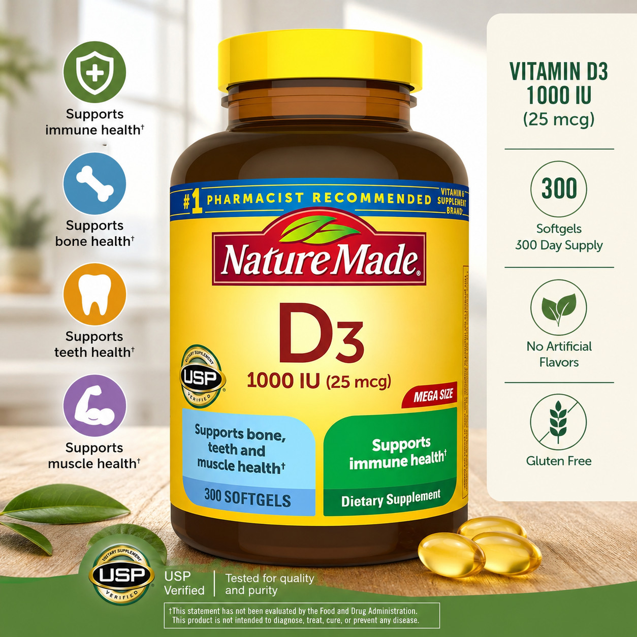 Nature Made Vitamin D3 1000 IU 300 Softgels 300 Day Supply Bone Immune