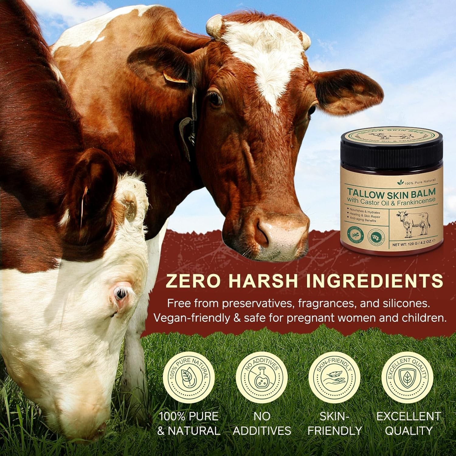 2 Pcak Beef Tallow Cream with Castor Oil and Frankincense, 100% Grass-Fed Tallow
