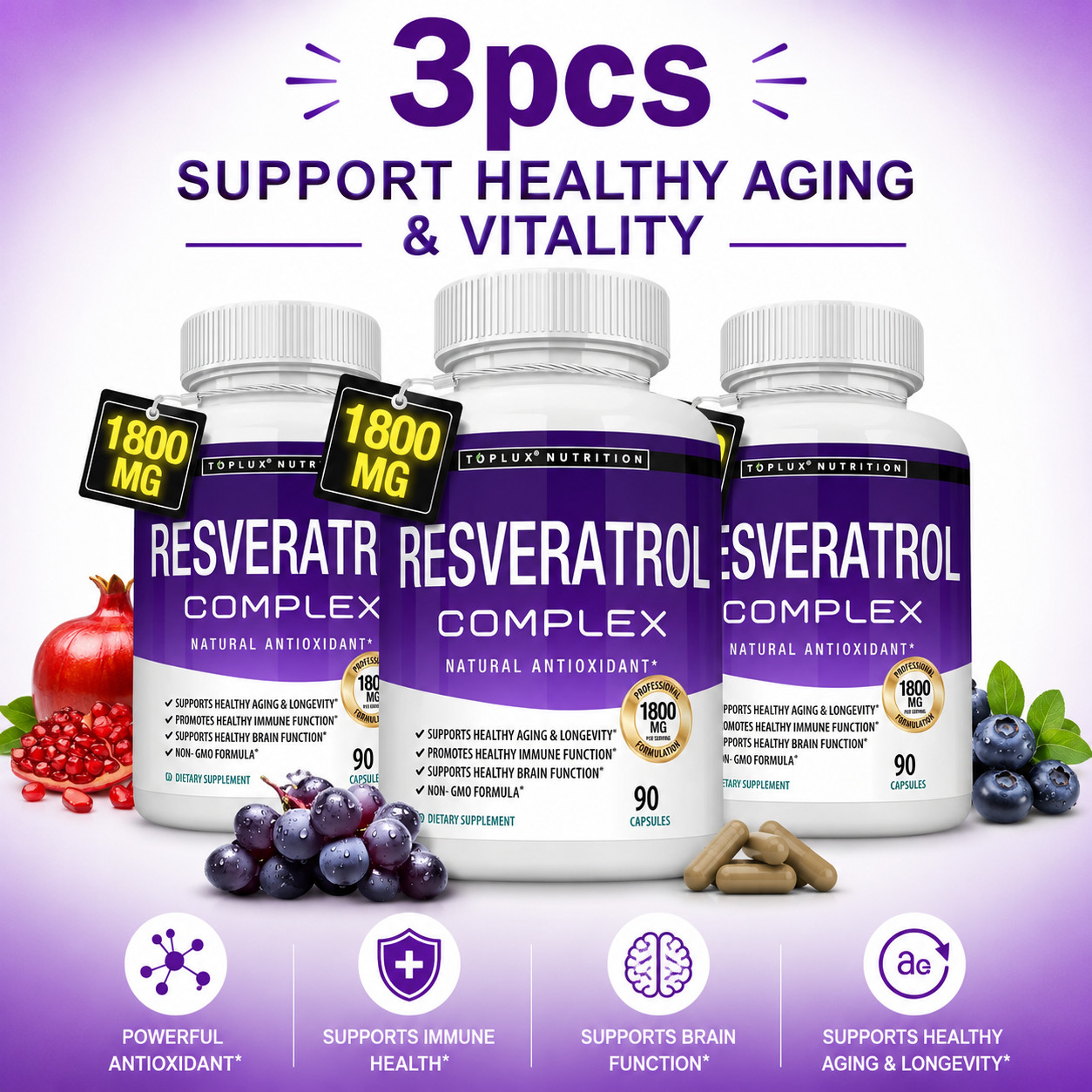 3PCS Resveratrol Supplement 1800mg Natural Antioxidant