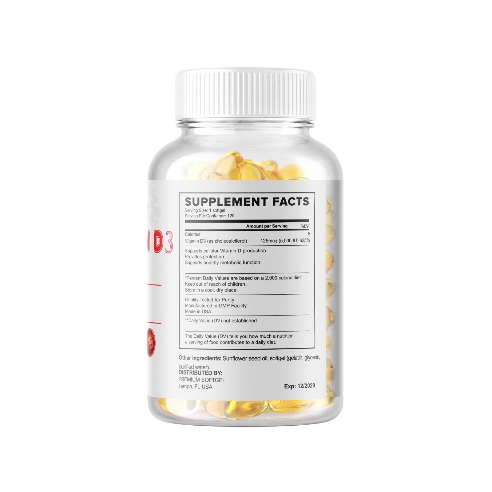 Vitamin D3 5,000 IU, 240 Softgels 125 mcg – Gluten Free & Non-GMO USA Made Ship