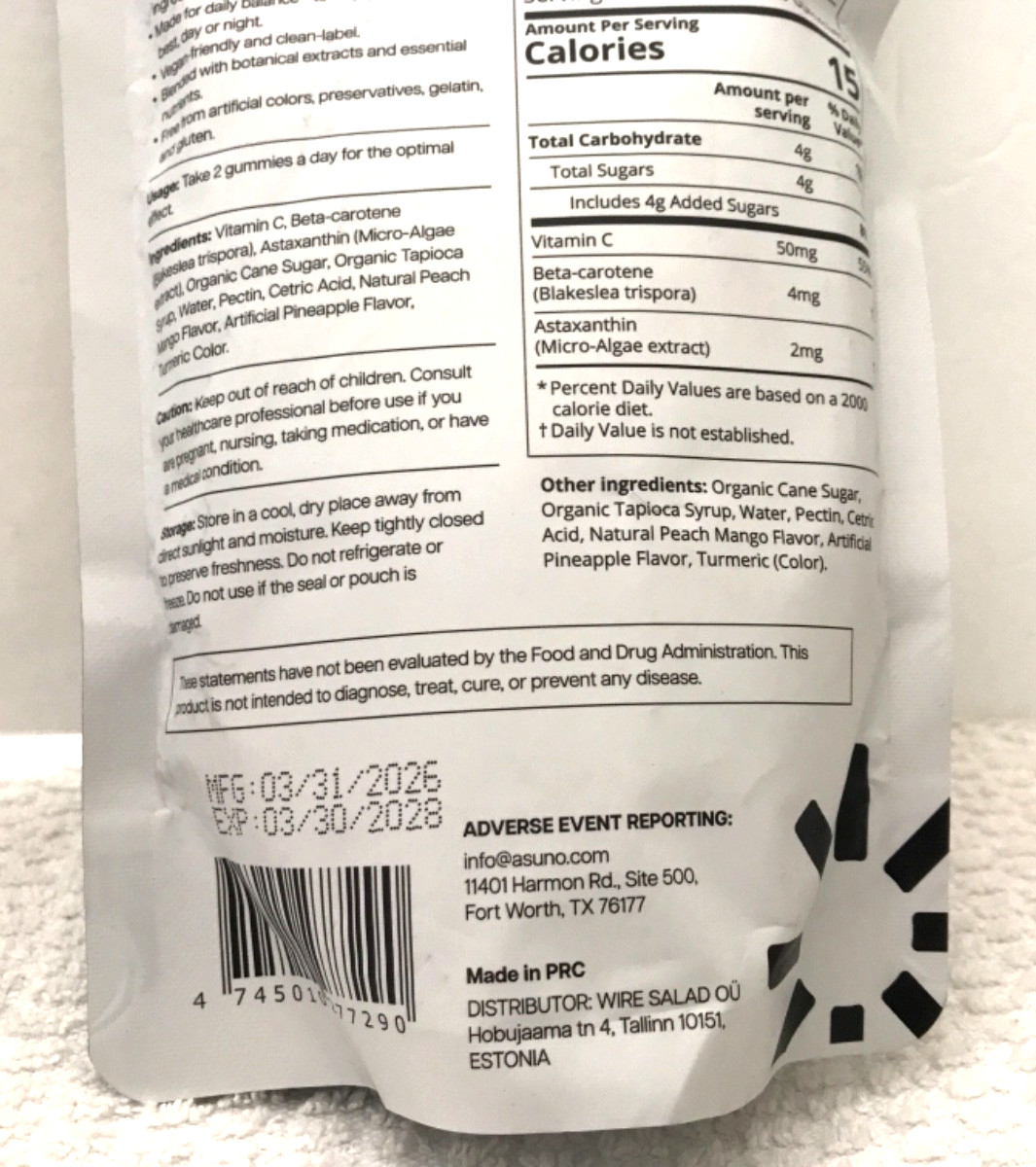 Tanning Gummies Beta Carotene Peach Mango Vegan 60 CT Astaxanthin Asuno