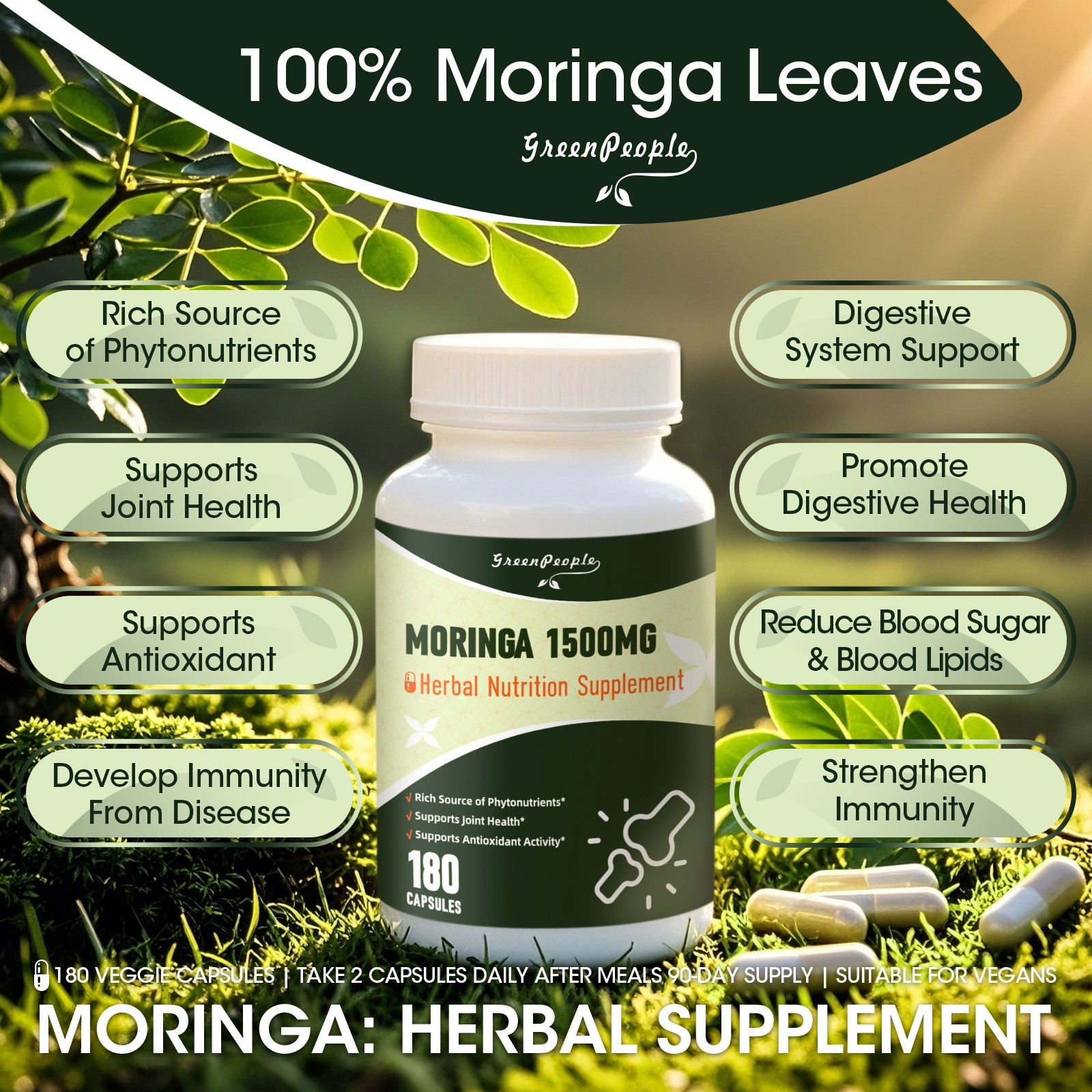 Organic Moringa 10:1 Extract, Moringa Oleifera 1500 mg Strength, 180 Capsules,