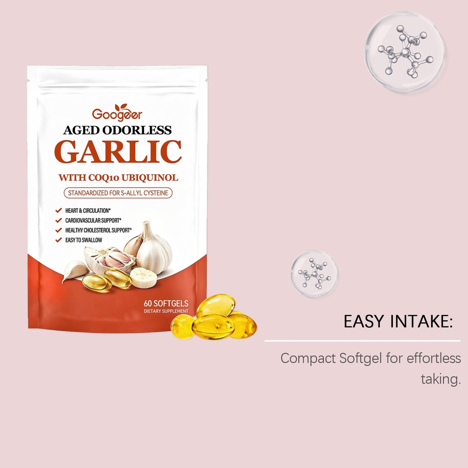 Odorless Aged-Resilia Garlic Extract 600mg Softgels (60 Count) with CoQ10