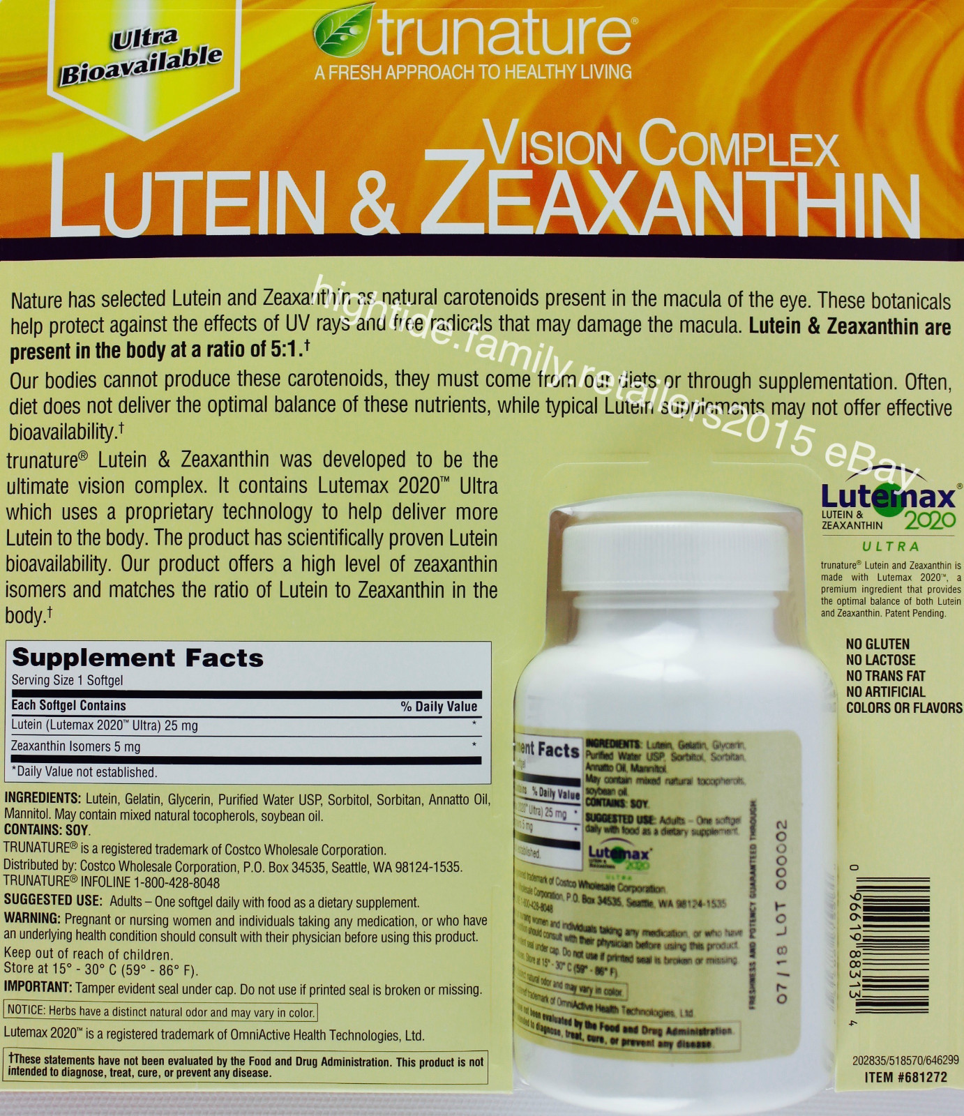 trunature Vision Complex Lutein 25mg & Zeaxanthin 5mg, 140, 280 or 420 Softgels