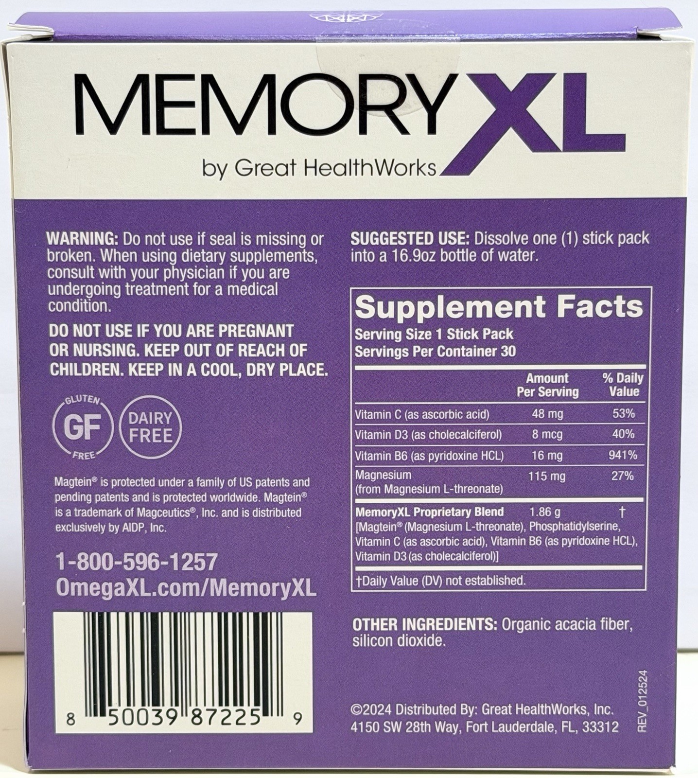 MemoryXL By Great HealthWorks Magtein Memory Supplement 30 Packets Exp 04/2026