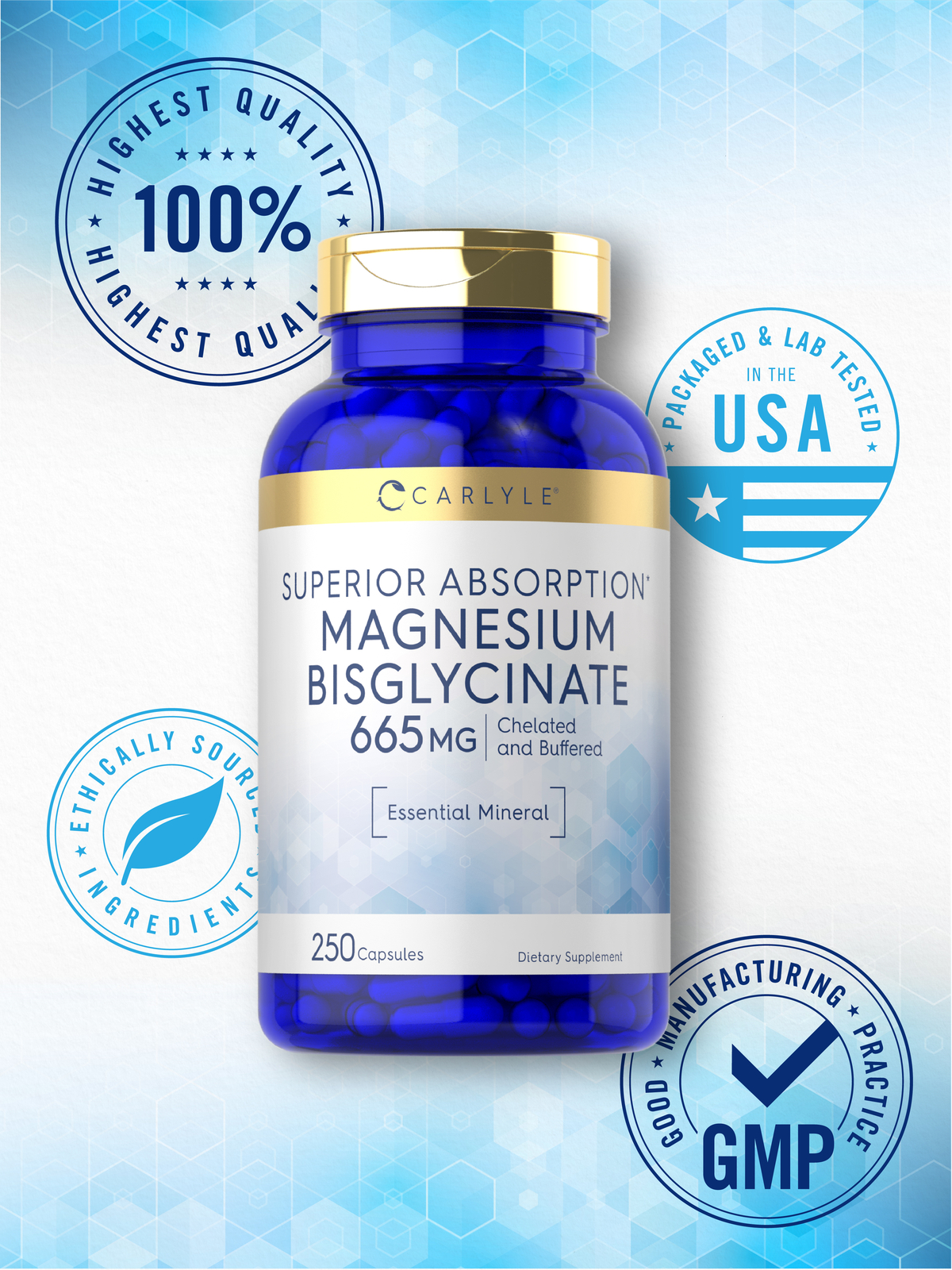 Magnesium Bisglycinate 665mg | 250 Capsules | Buffered Supplement | by Carlyle