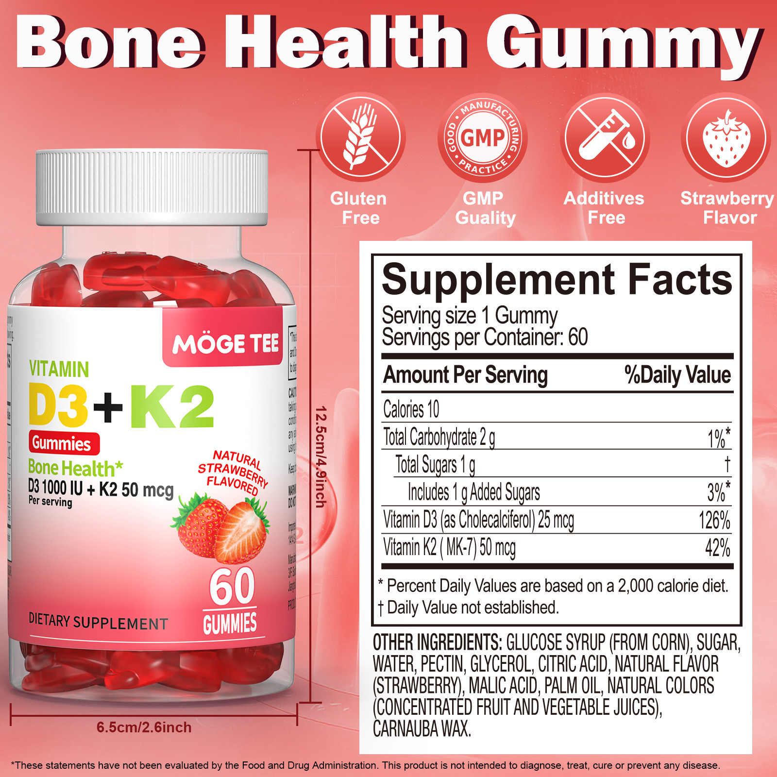 Vitamin K2 D3 Gummies Bone Immune Support Non-GMO 60-240 Count Strawberry Flavor