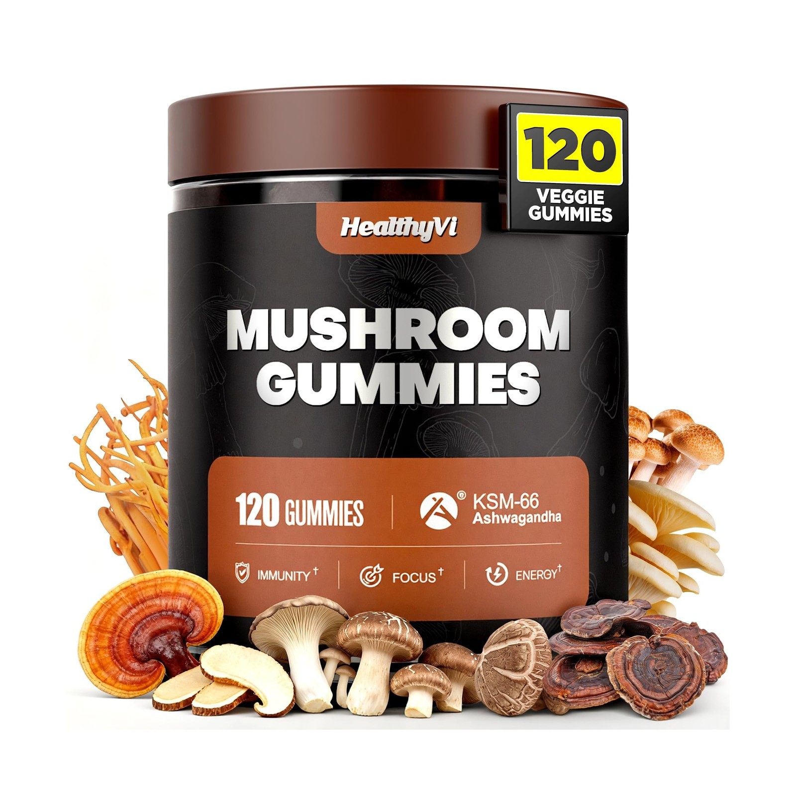 10-In-1 Mushroom Gummies with KSM-66 Ashwagandha & Magnesium Threonate Boosts…