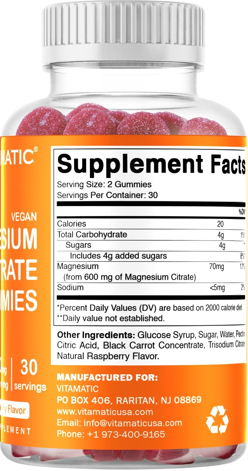 Vitamatic Magnesium Gummies 600mg per Serving – 60 Vegan 60 Count (Pack of 3)