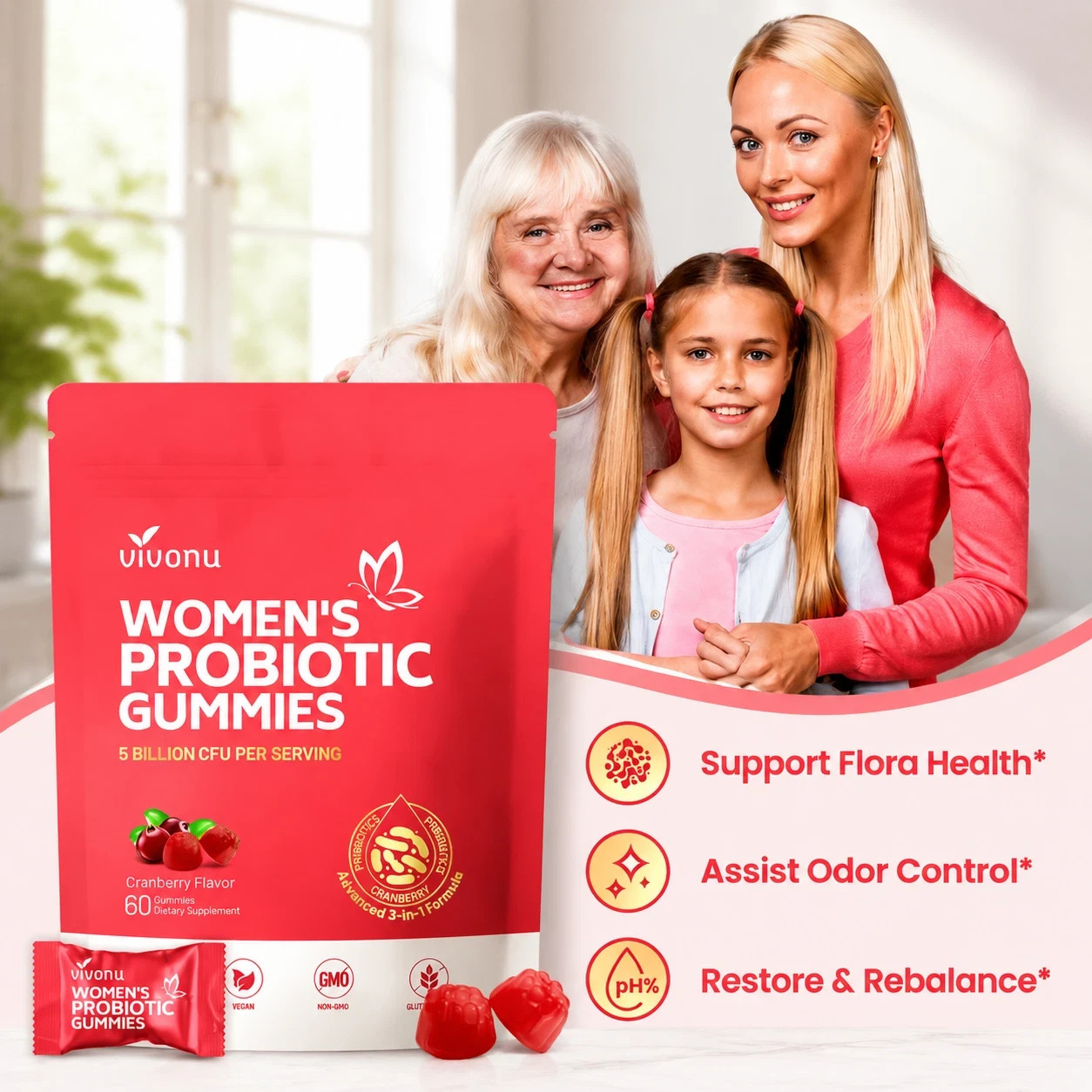 Vivonu Women’s Cranberry Probiotic Gummies 5 Billion CFU Feminine Flora Support