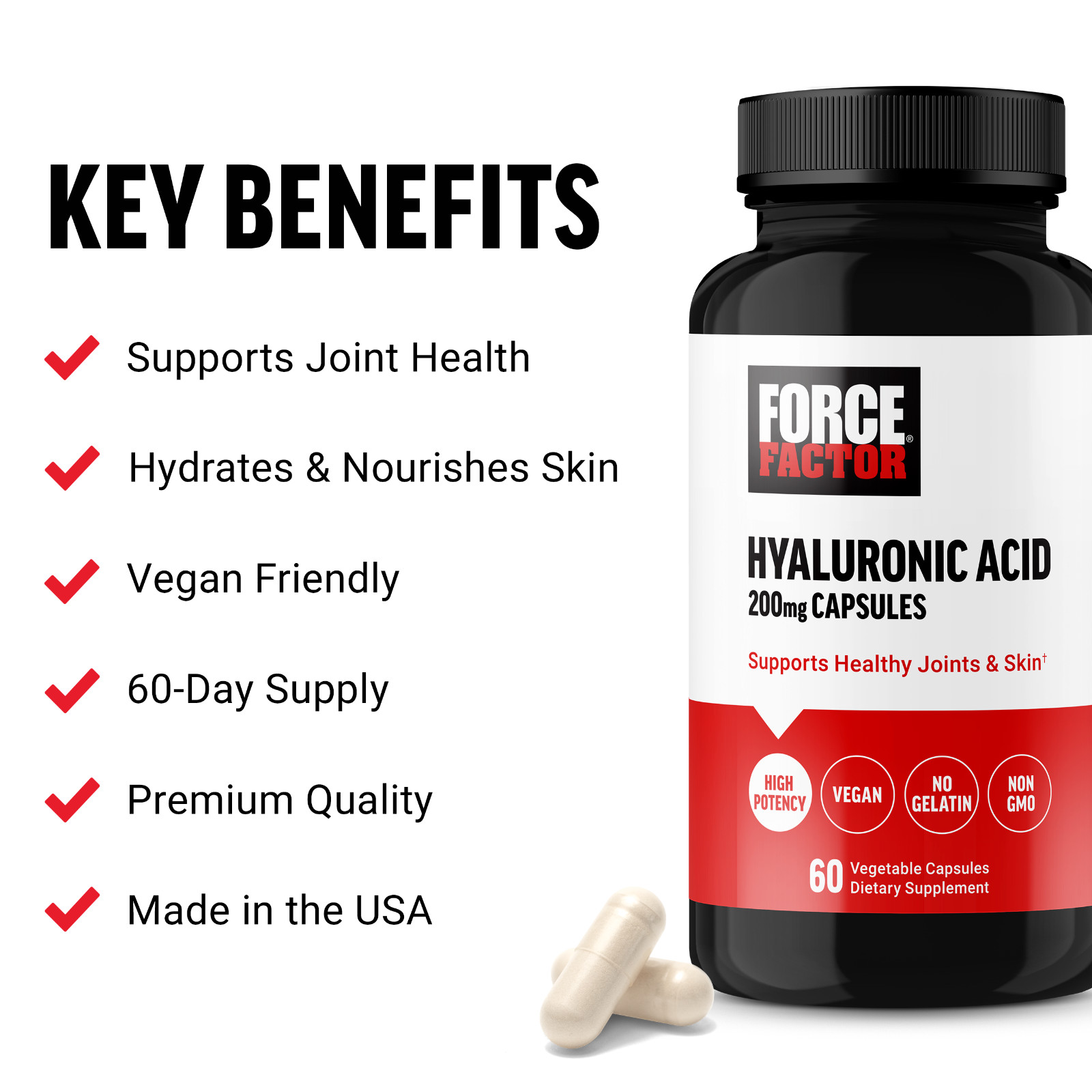 Force Factor Hyaluronic Acid Supplements for Joint Health & Skin Hydration 200mg