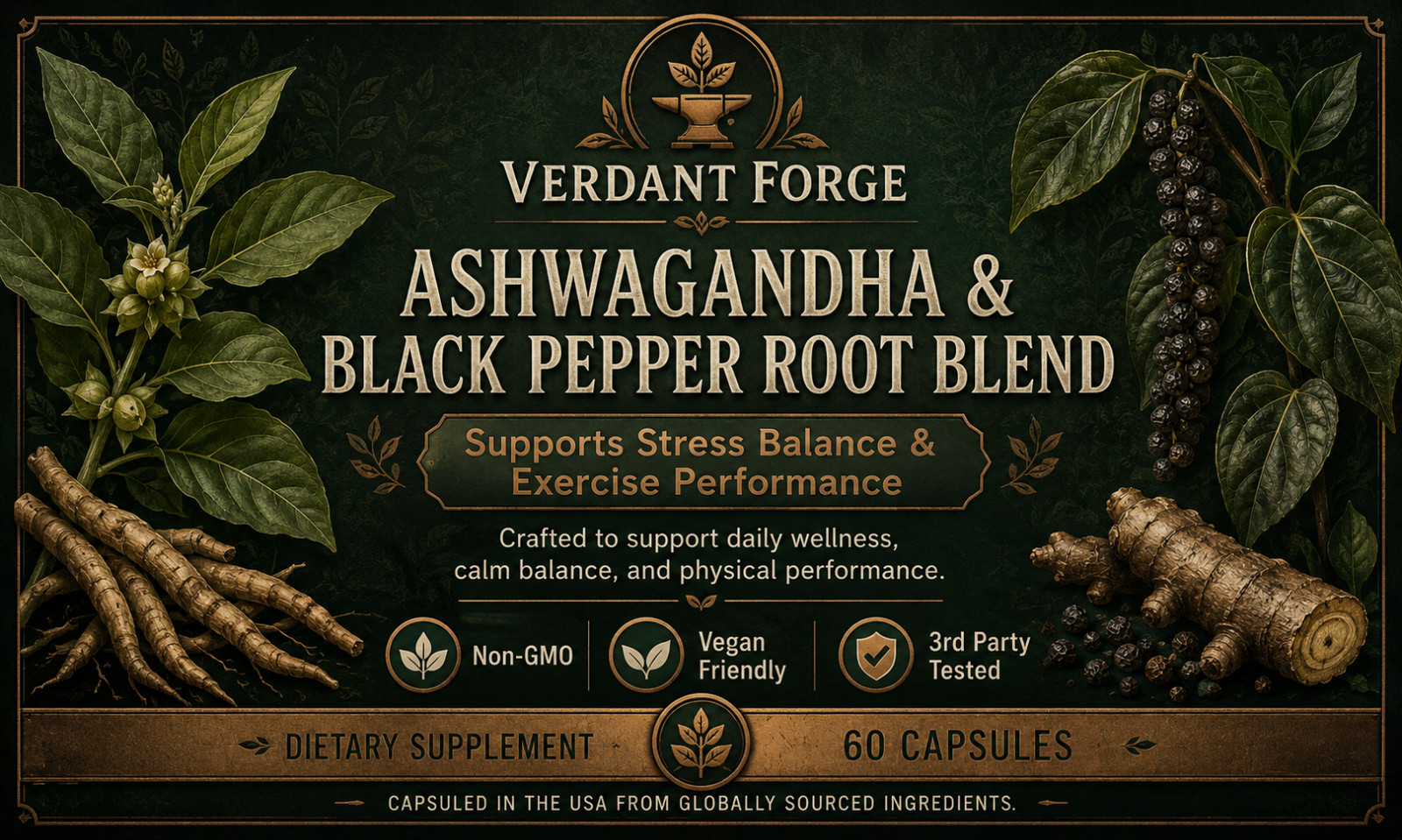 Ashwagandha Black Pepper Root Blend 60 Capsules Stress Balance Vegan Non-GMO