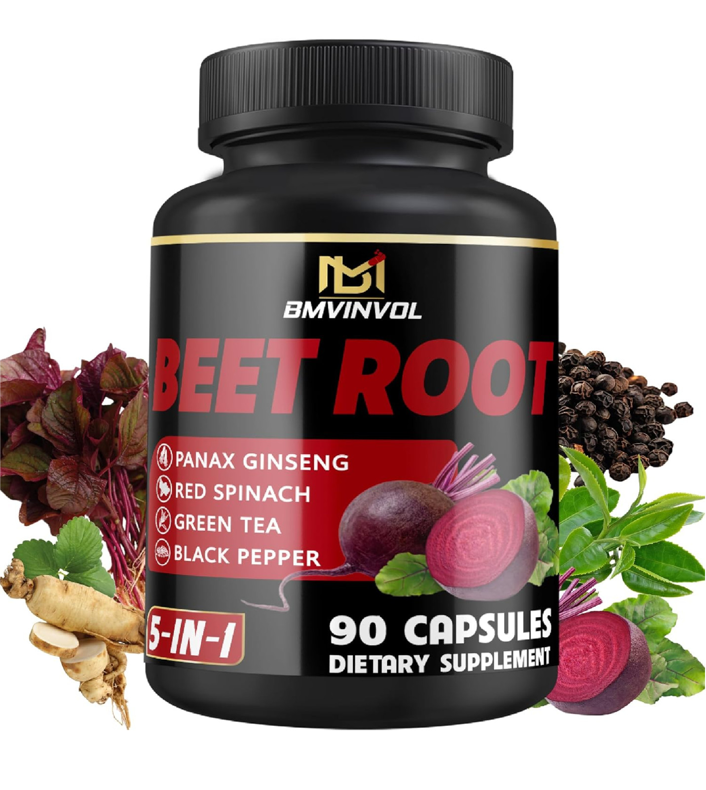 Beet Root Capsules – Green Tea, Red Spinach, Ginseng, Black Pepper – 90 Count –